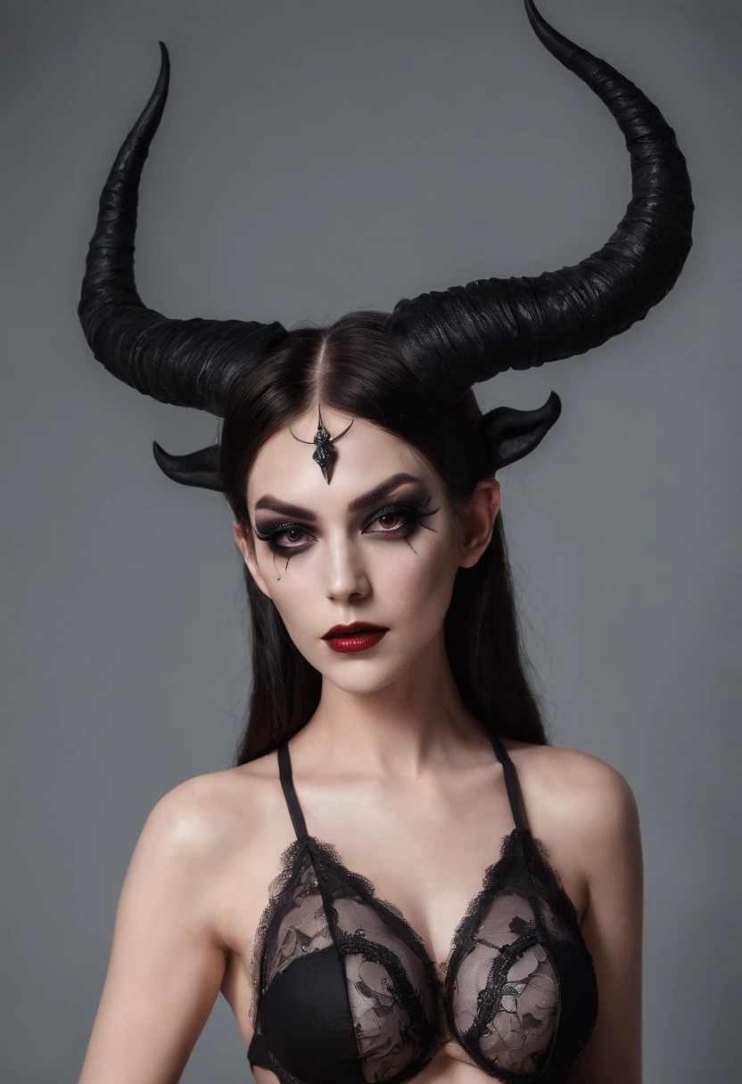 Demon woman with horns dressed in black lingerie posing for a photo in a dark studio, black make-up, perfect body, sensual pose, ultra detailed, masterpiece.