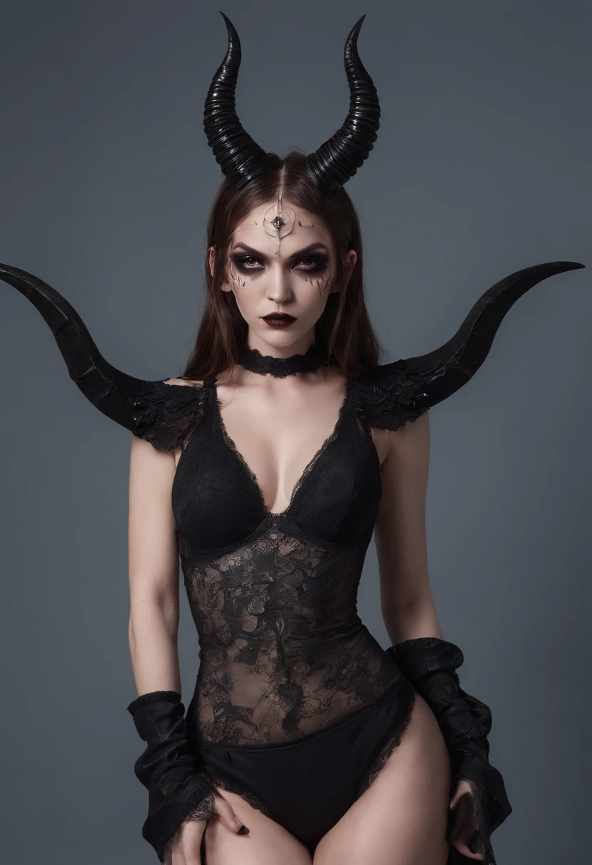 Demon woman with horns dressed in black lingerie posing for a photo in a dark studio, black make-up, perfect body, sensual pose, ultra detailed, masterpiece.