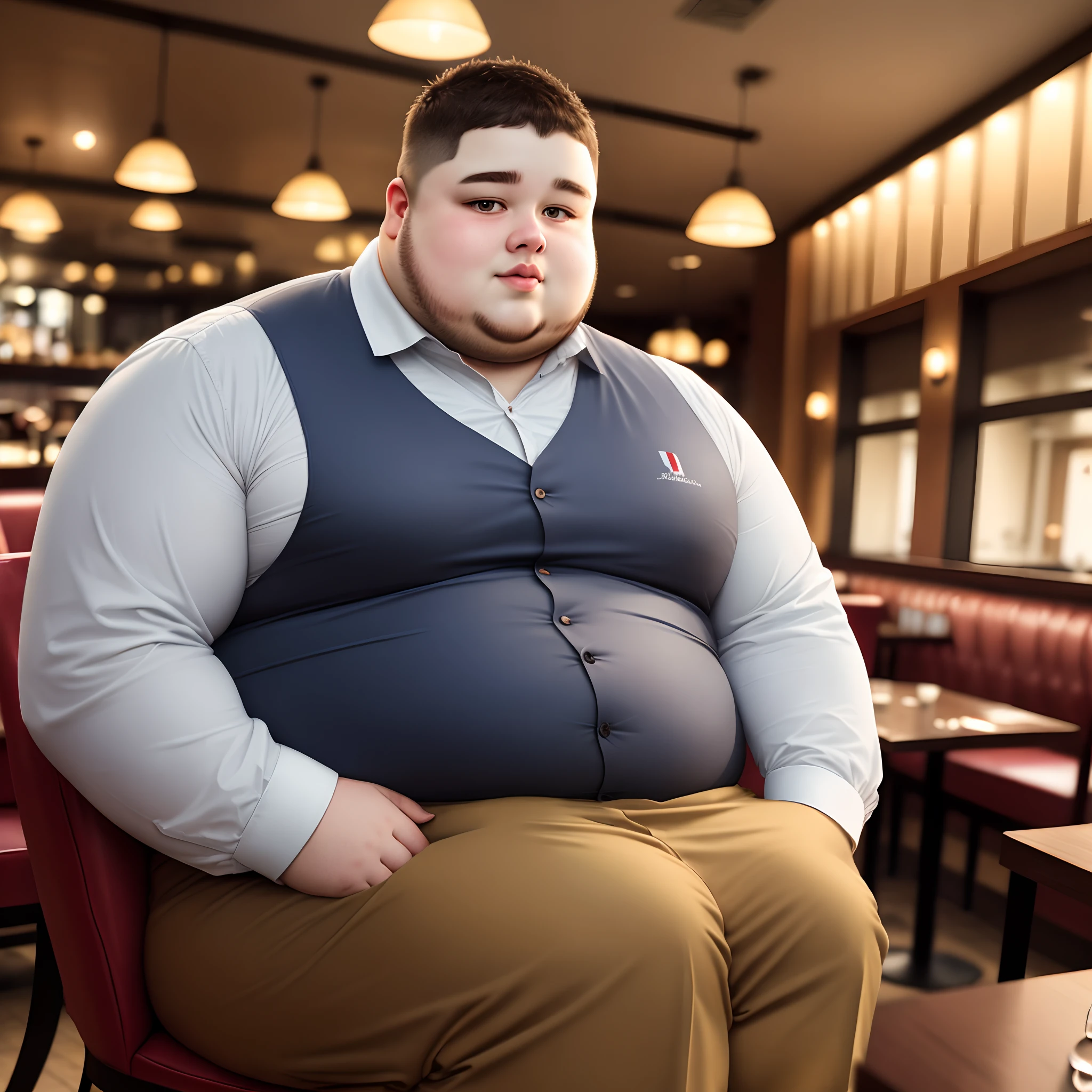 Obese young french dressed man sitting in a restaurant