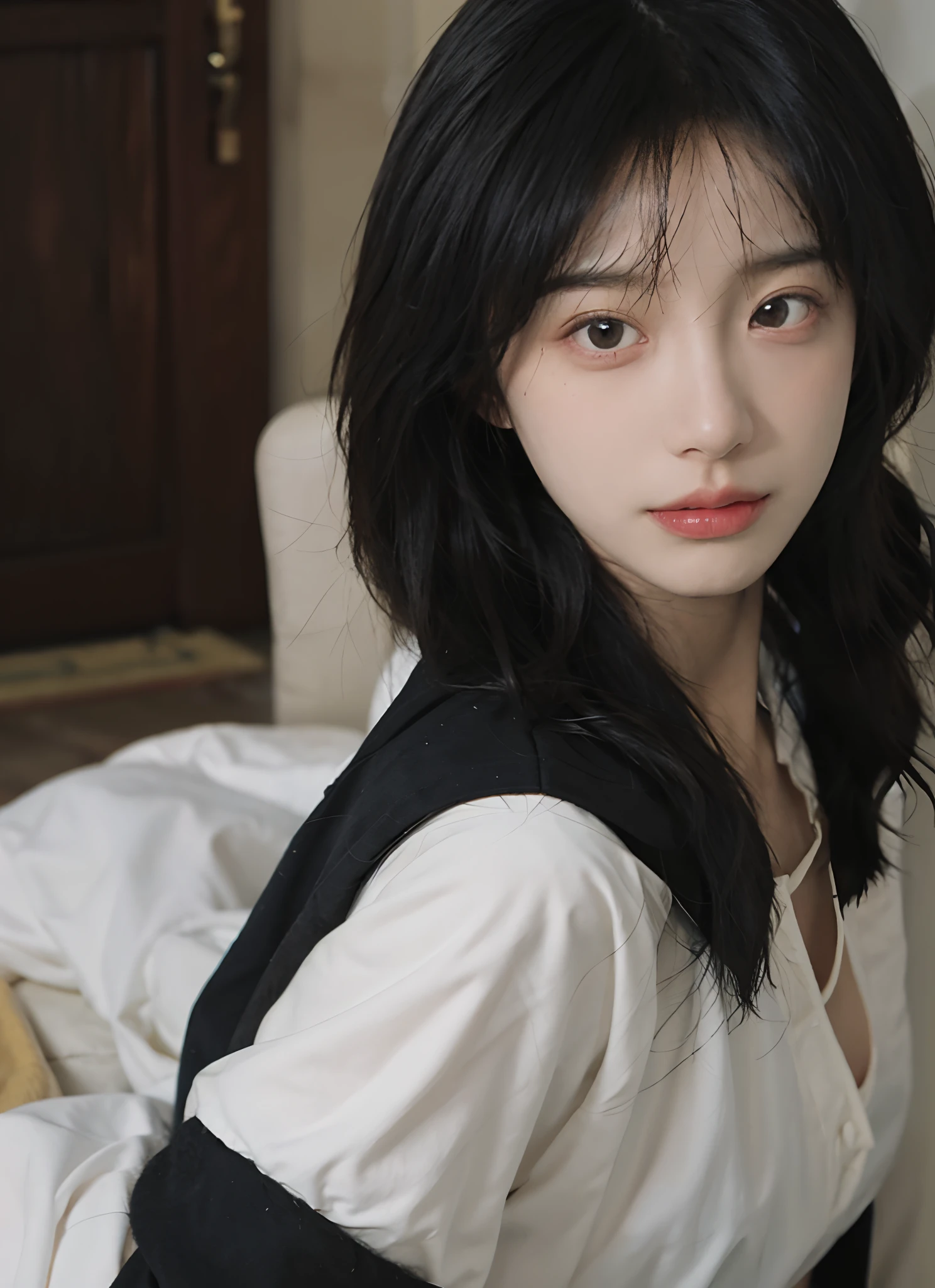best qualtiy, 超高分辨率, (realisticlying:1.4), one-girl, A pair of eyes as clear as snow,Royal Sister,Black long straight,yellow school uniforms, (big cleavage breasts:1.3), looking at viewert, closeup cleavage ,