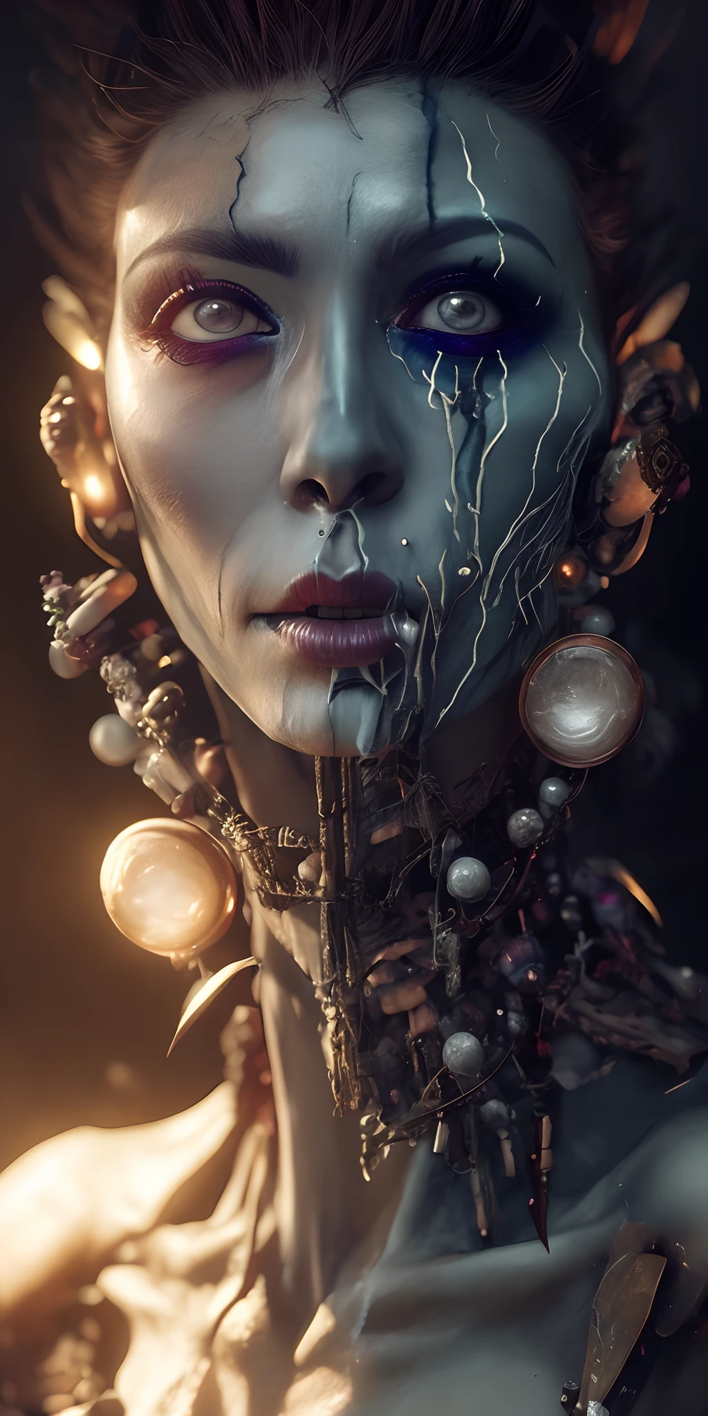 a woman with makeup and makeup art in the dark, photorealistic dark concept art, gothic maiden shaman, dark fantasy mixed with realism, hyperdetailed fantasy character, cyberpunk angry gorgeous druid, fantasy concept art portrait, portrait of a female necromancer, stefan gesell, cyberpunk horror style, dark fantasy character design, 4k concept art and hyper realism