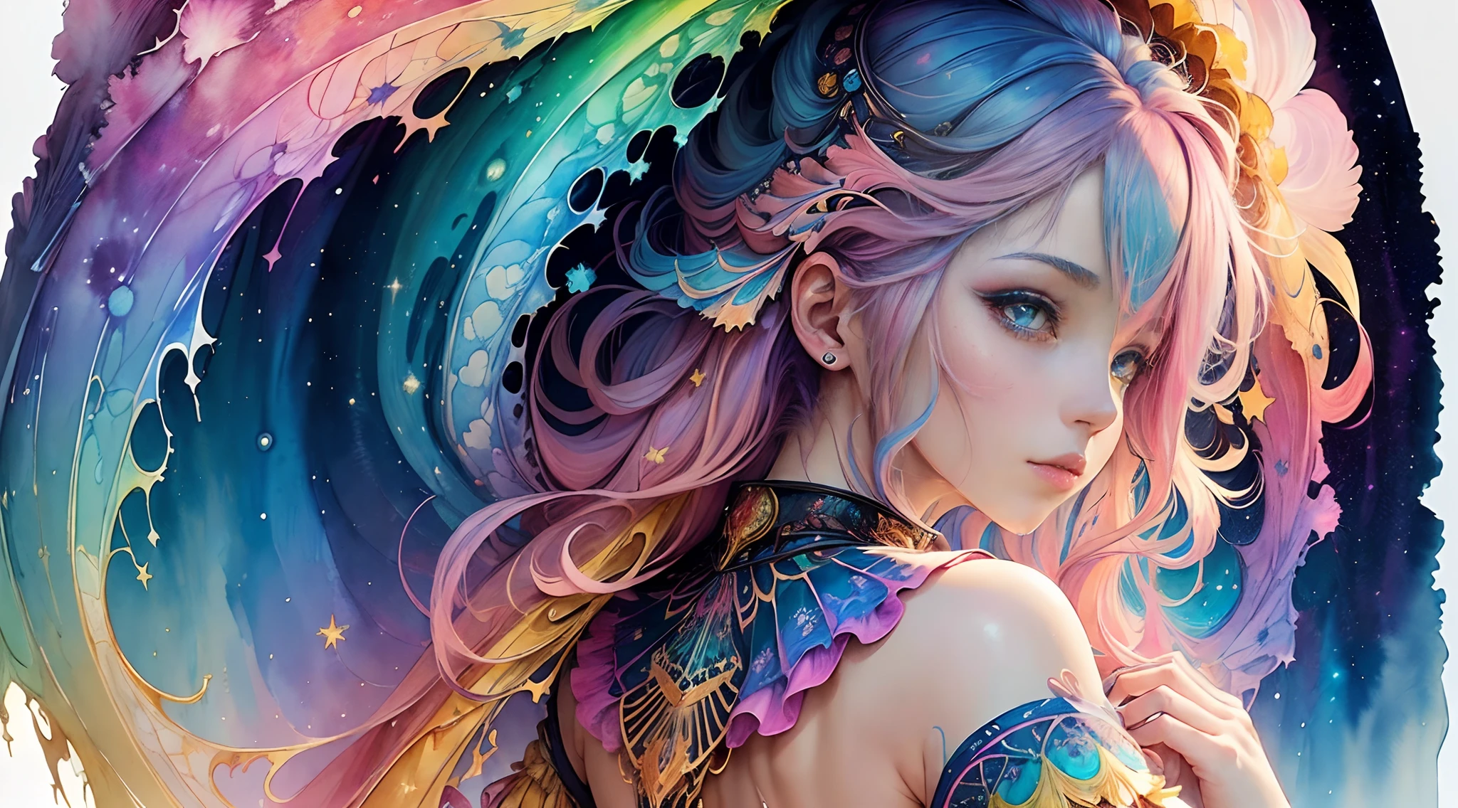 (masterpiece, top quality, best quality,watercolor (medium),official art, beautiful and aesthetic:1.2),(1girl:1.3), (fractal art:1.3),upper body, from side, looking at viewer,patterns,(rainbow color Hair,colorful hair,half blue and half pink hair:1.2),water,liquid, cloud,colorful, starry,stars,