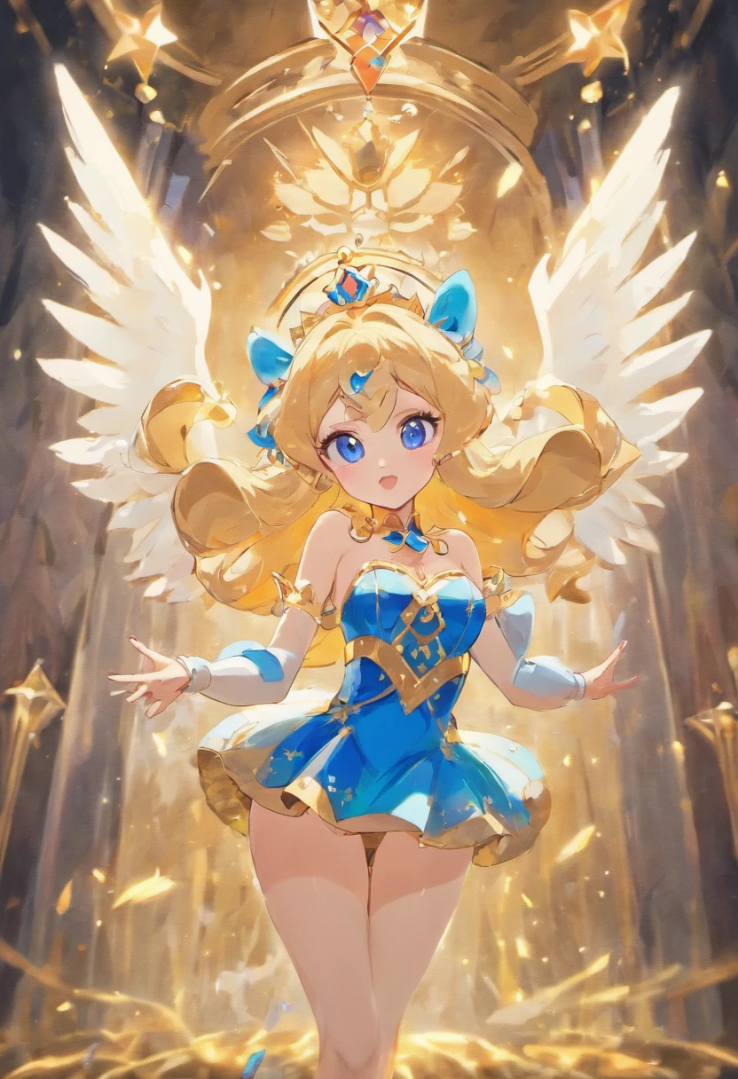 (Princess Peach) blonde hair. Blue eyes. Gold crown with blue gems. Pink big flowing wings. Wearing a playboy bunny outfit with white thigh high stockings