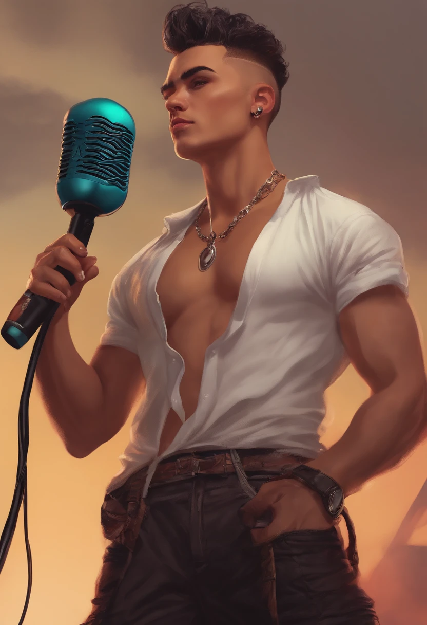 Mohawk boy, black thong and bulge, and baggy shirt, and microphone in hand