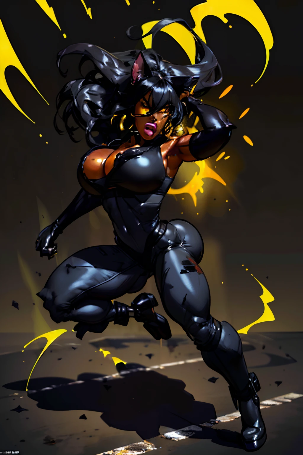 (((1 girl, cute, (big breasts:1.2), blake belladonna, Jamaican female, (very dark skin:1.9), black female, very dark-skinned female, sleeveless white tailcoat, black lace bra, black jeans, black elbow Gloves, fingerless Gloves, black hair, long hair, straight hair, cat ears, side parted hair, amber eyes, golden eyes, fit body))), (((black hair))), solo, dynamic poses, realistic style, depicting the character doing poses similar to various action scenes, from intense battles to lighthearted moments, with dramatic speed lines and bold sound effects, capturing the excitement and energy of the story, golden aura surrounding the body, Attack forward with palm, THEPIT style, outdoors, nature
