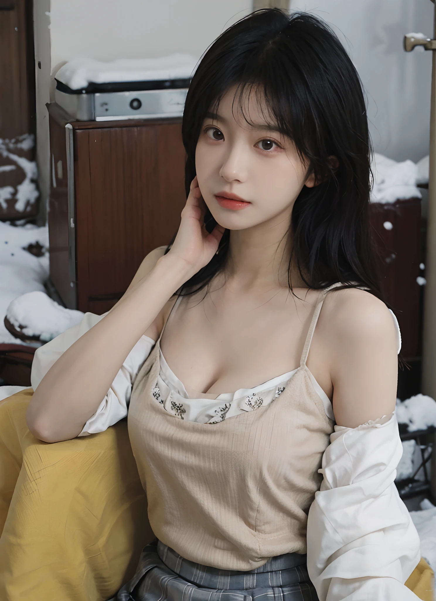 best qualtiy, 超高分辨率, (realisticlying:1.4), one-girl, A pair of eyes as clear as snow,Royal Sister,Black long straight,yellow school uniforms, (big cleavage breasts:1.3), looking at viewert, closeup cleavage ,
