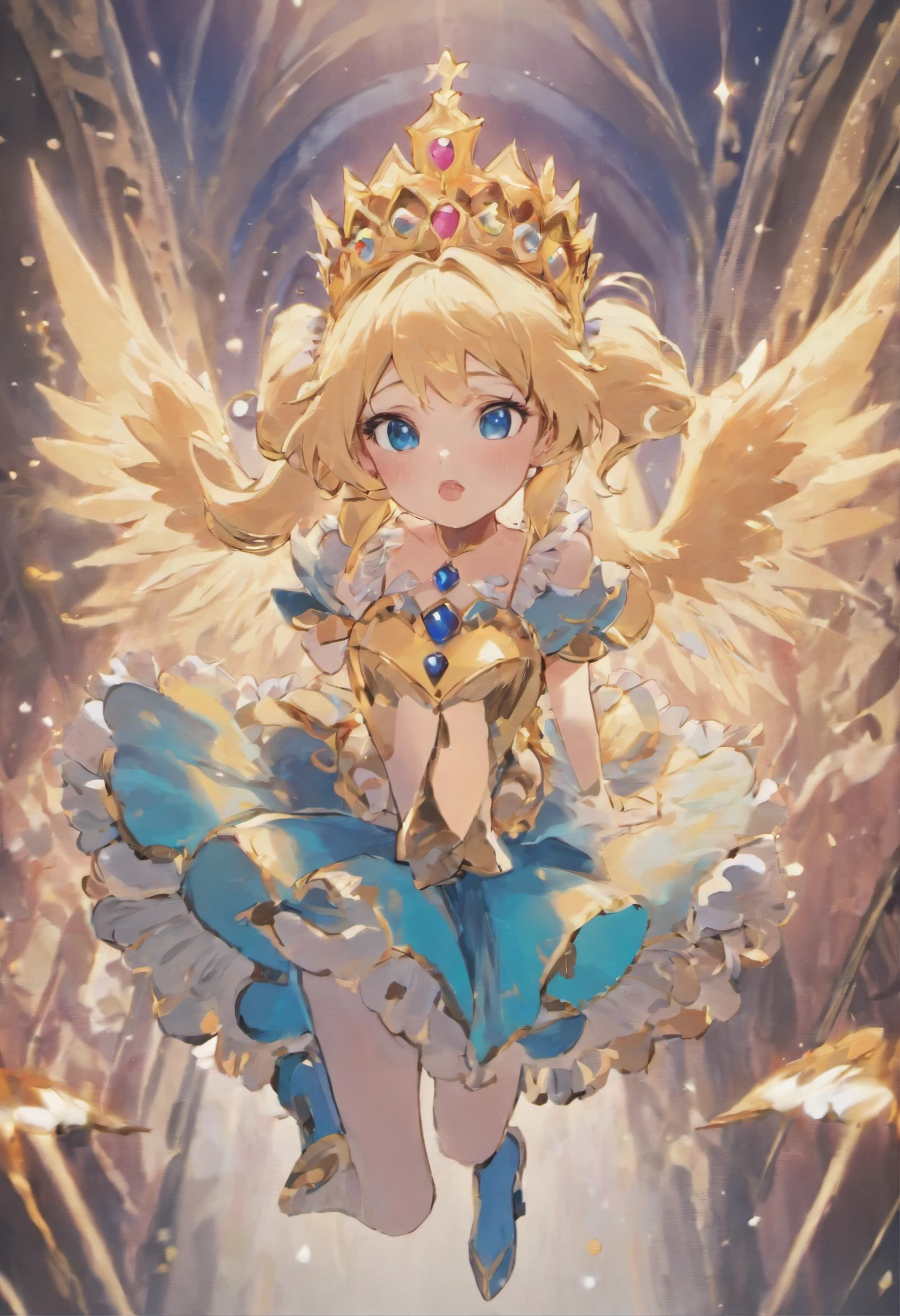 (Princess Peach) blonde hair. Blue eyes. Gold crown with blue gems. Pink big flowing wings. Wearing a playboy bunny outfit with white thigh high stockings. Holding a kitchen knife