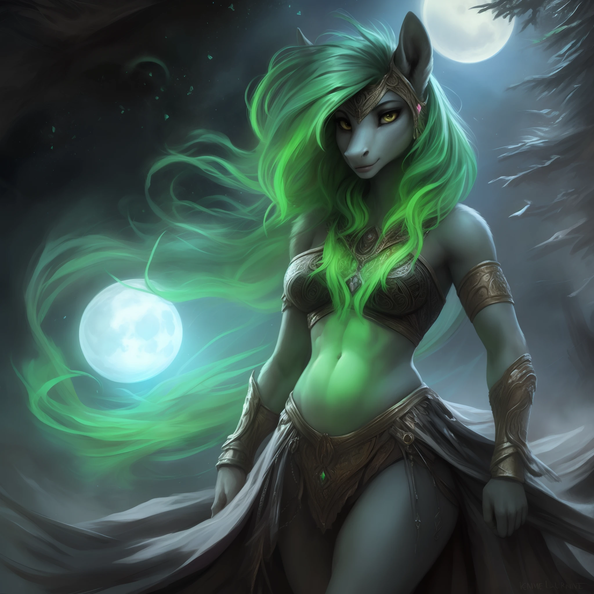 by Kenket, Ruan Jia, Chunie, Bonifasko, Extremely beautiful pony maiden, charismatic, (((glowing green-pink mane))), green and pink mane, silver ghostly evaporating fur, silver fur, wearing crystal brasserie, runic artifacts, epic shoulders, visible belly, super slim waistline, graceful figure, realistic anatomy, toned abs, 8k image, detailed face of fantasy female pony character, detailed yellow eyes, beautiful intricate nature, wisps, moon glow