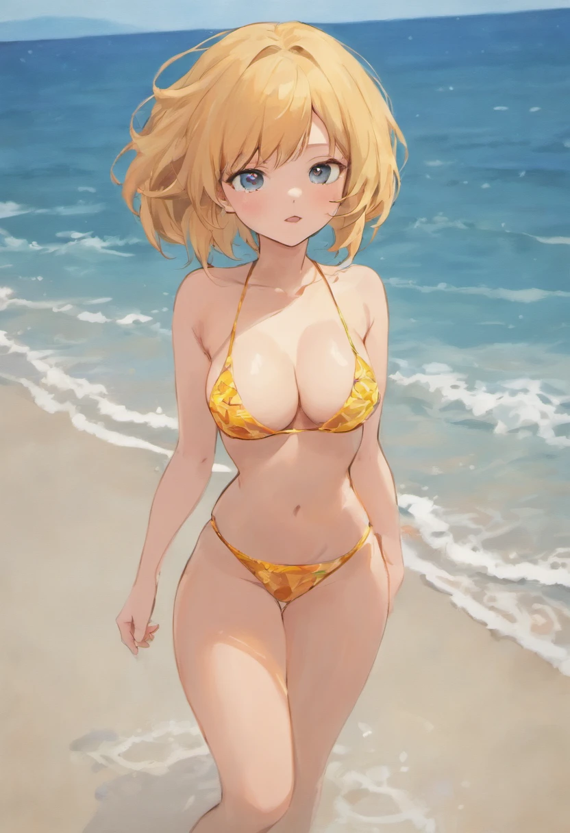 Jeanette McCurdy, beach, sea, very tall, elongated limbs, elongated torso, absurdly gigantic giga sized breast, overflowing breast, tiny bikini, cupping breast with her hands, Hypermuscular build, sexy, alluring, 8k, highres, masterpiece, highly detailed, dynamic, realistic,