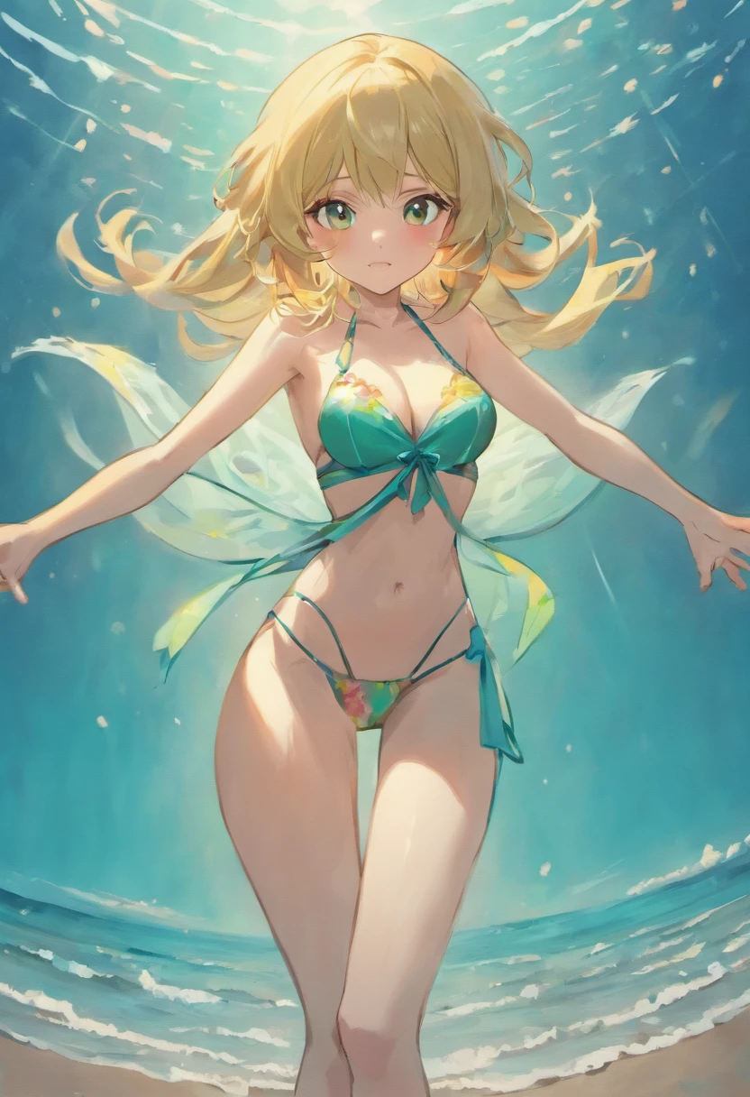 Jeanette McCurdy, beach, sea, very tall, elongated limbs, elongated torso, absurdly gigantic giga sized breast, overflowing breast, tiny bikini, cupping breast with her hands, Hypermuscular build, sexy, alluring, 8k, highres, masterpiece, highly detailed, dynamic, realistic,
