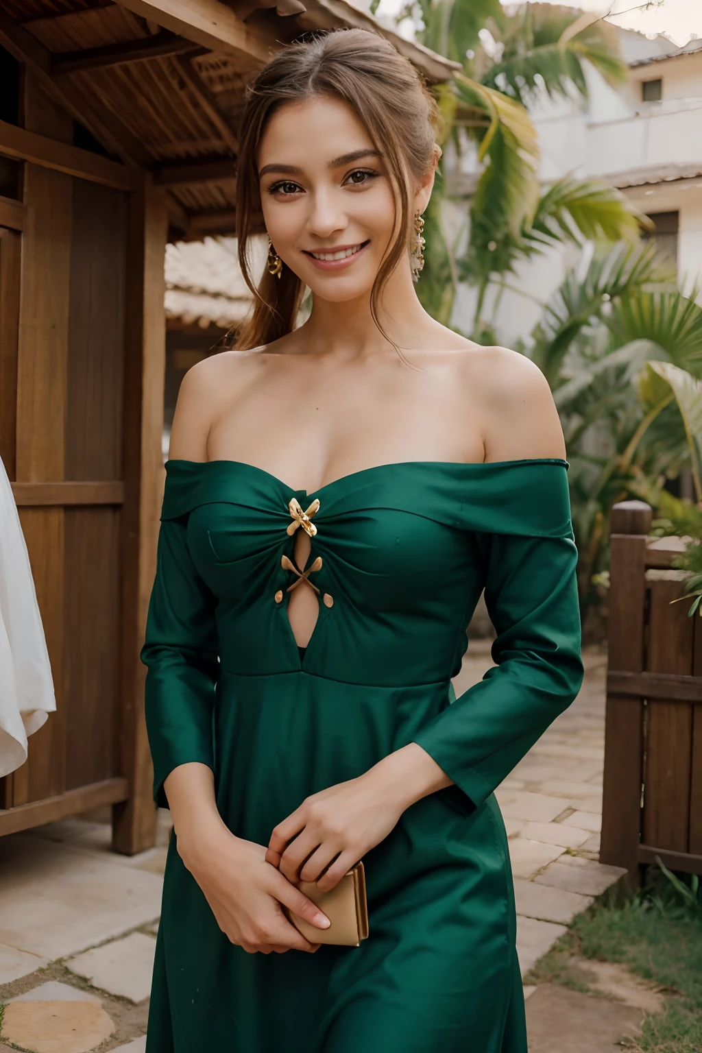 A imagem mostra uma mulher com cabelos castanhos longos e ondulados, wearing a green dress with gold button detailing on the front. She's got a smile on her face and she's holding something black in her hands. The woman is outdoors, And there's a blur in the background, sugerindo outras pessoas ou talvez uma estrutura. O vestido tem um corte elegante, with small bow-shaped details on the sleeves. She appears to be at an outdoor event or ceremony.