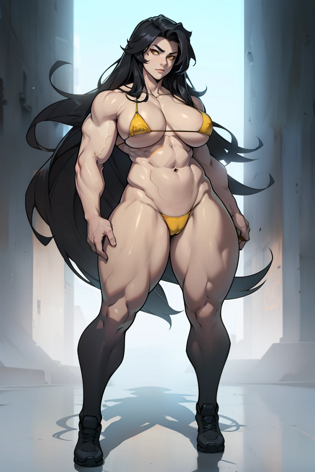 (very long hair) (pale skin 1girl bodybuilder muscular toned body wide hips thick thighs curvy huge tits) black hair yellow eyes micro bikini full body