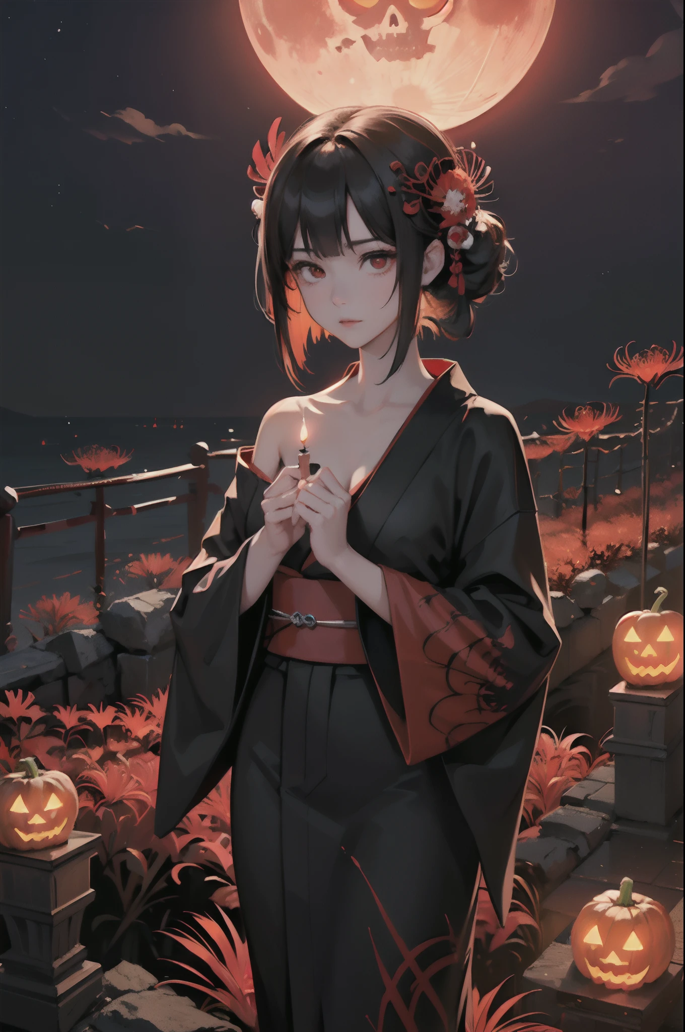 (masutepiece), Best Quality, Expressive eyes, Perfect face, (Japanese landscape, All red flowers are spider lilies, The moon is red, Moonlight is red, There are rotten skulls here and there, A Japanese candle is lit on the skull、Emits a pale red light), ((In the center is、The head is a bob、There is a fair-skinned woman in a black kimono with a hairpin shaped like a spider lily)), (Standing up straight and looking at me. By backlight, The silhouette of a woman is clearly visible, however、Her expression is not clearly visible, Her gaze it glows suspiciously red), ((There is only one jack-o'-lantern that lights up red.)),