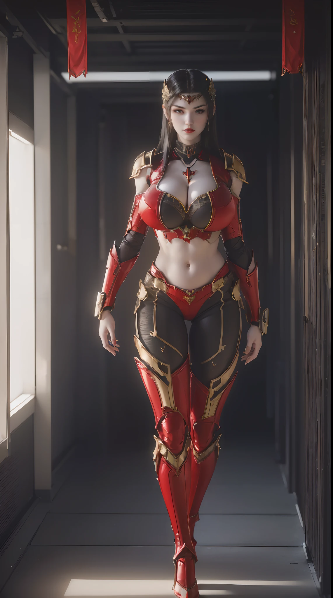 (1GIRL,SOLO:2), (super detailed face), (black hair:1.3), ((BIG BUTTOCKS, HUGE FAKE BREASTS:1.5)), (CLEAVAGE TOP:1.5), (11 LINE ABS FEMALE:1.4), (MECHA GUARD ARM:1.4), ((WEAR RED BLACK OVERWATCH MECHANICAL ARMOR CROP TOP, BLACK MECHANICAL SKINTIGHT SUIT PANTS, MECHA GUARD ARMOR LEGS, HIGH HEELS:1.5)), (LEWD VOLUPTUOUS BODY:1.3), (GLOWING SKIN:0.8), (LONG LEGS, FULL BODY:1.1), (LOOKING AT VIEWER:1.3), (female focus:0.886), (WALKING DOWN HALLWAY OF FUTURISTIC SPACE STATION:1), (BRIGHT LIGHT WHITEROOM:1.3), SUPER TEXTURE, UNREAL ENGINE RENDER, PHYSICALLY-BASED RENDERING, ULTRA HIGHT DEFINITION, 16K, 1080P.