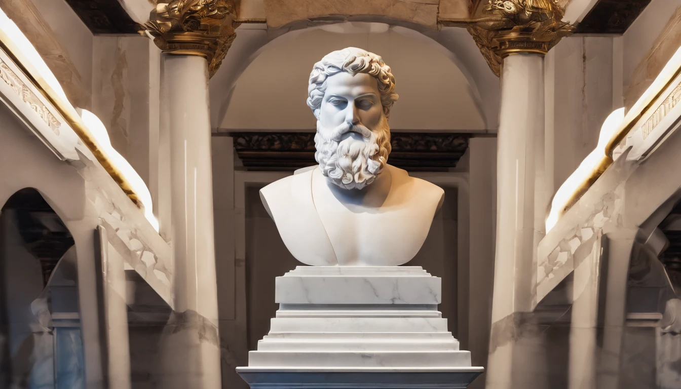White marble statue of the bust of the wise man with the style of the bearded Greek philosopher in the museum. atmosfera escura, alto contraste de luz e sombra, fotografia profissional, utrarealista, light volumetric, cinemactic