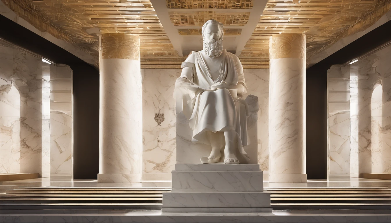 White marble statue of the bust of the wise man with the style of the bearded Greek philosopher in the museum. atmosfera escura, alto contraste de luz e sombra, fotografia profissional, utrarealista, light volumetric, cinemactic