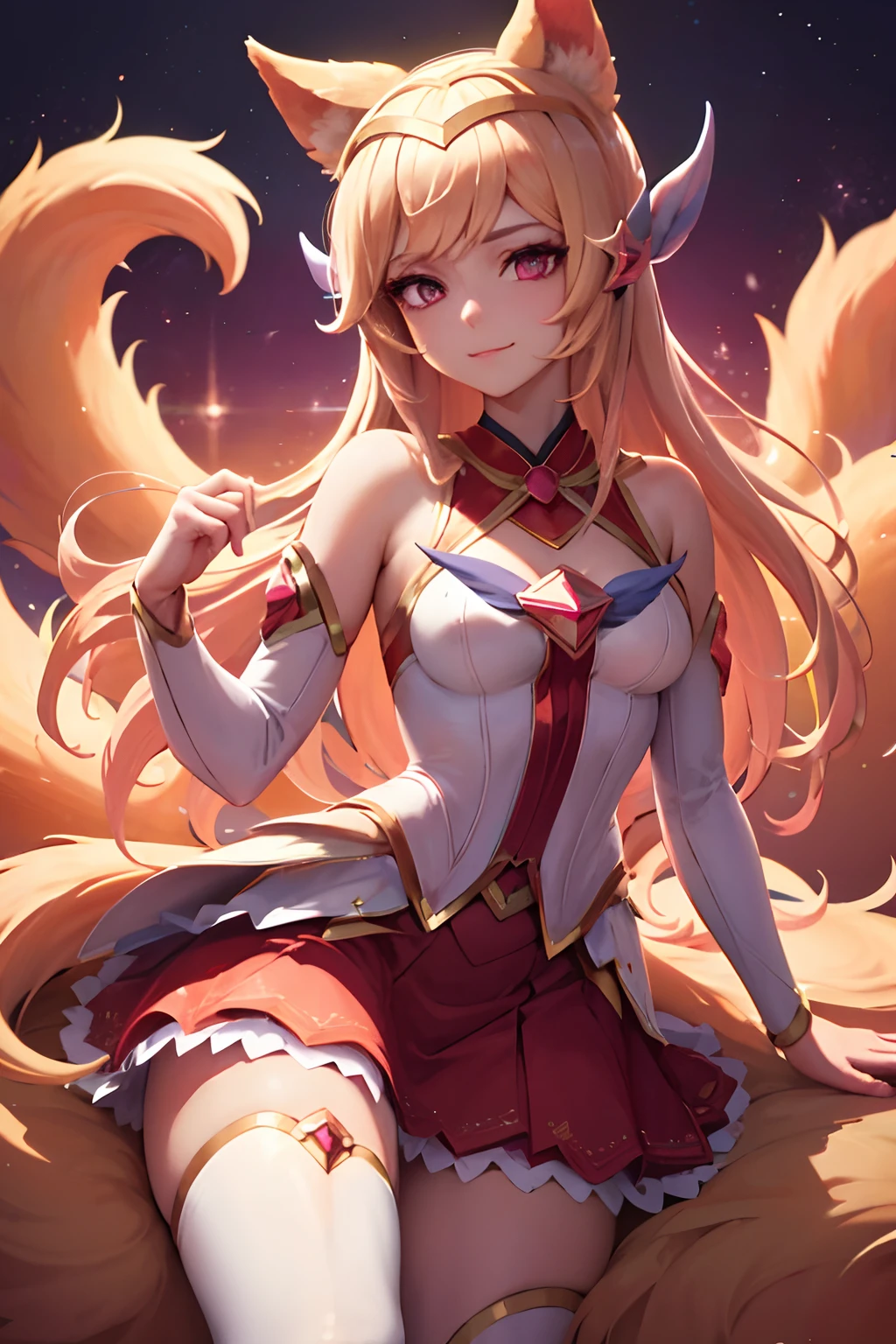 (Masterpiece, Best quality:1.2), Intricate details,  Starguard Ahri, 1girll, Animal ears, hair adornments, Detached sleeves, Bare shoulders, Skirt, magical ***********, Multiple tails, Blonde hair, Light smile