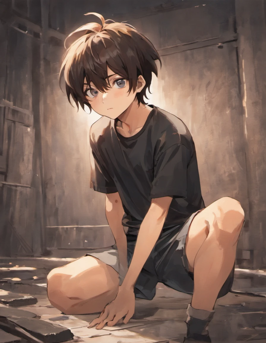 18 year old boy, soft features, sitting on the floor, dark brown hair, semi long hair length, ash gray eyes, wearing a t-shirt, wearing boxers, full body.