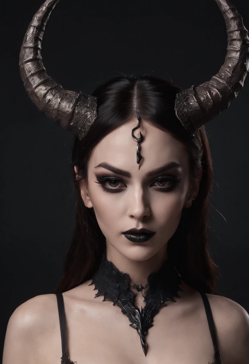 Demon woman with horns dressed in black lingerie posing for a photo in a dark studio, black make-up, perfect body, sensual pose, ultra detailed, masterpiece.