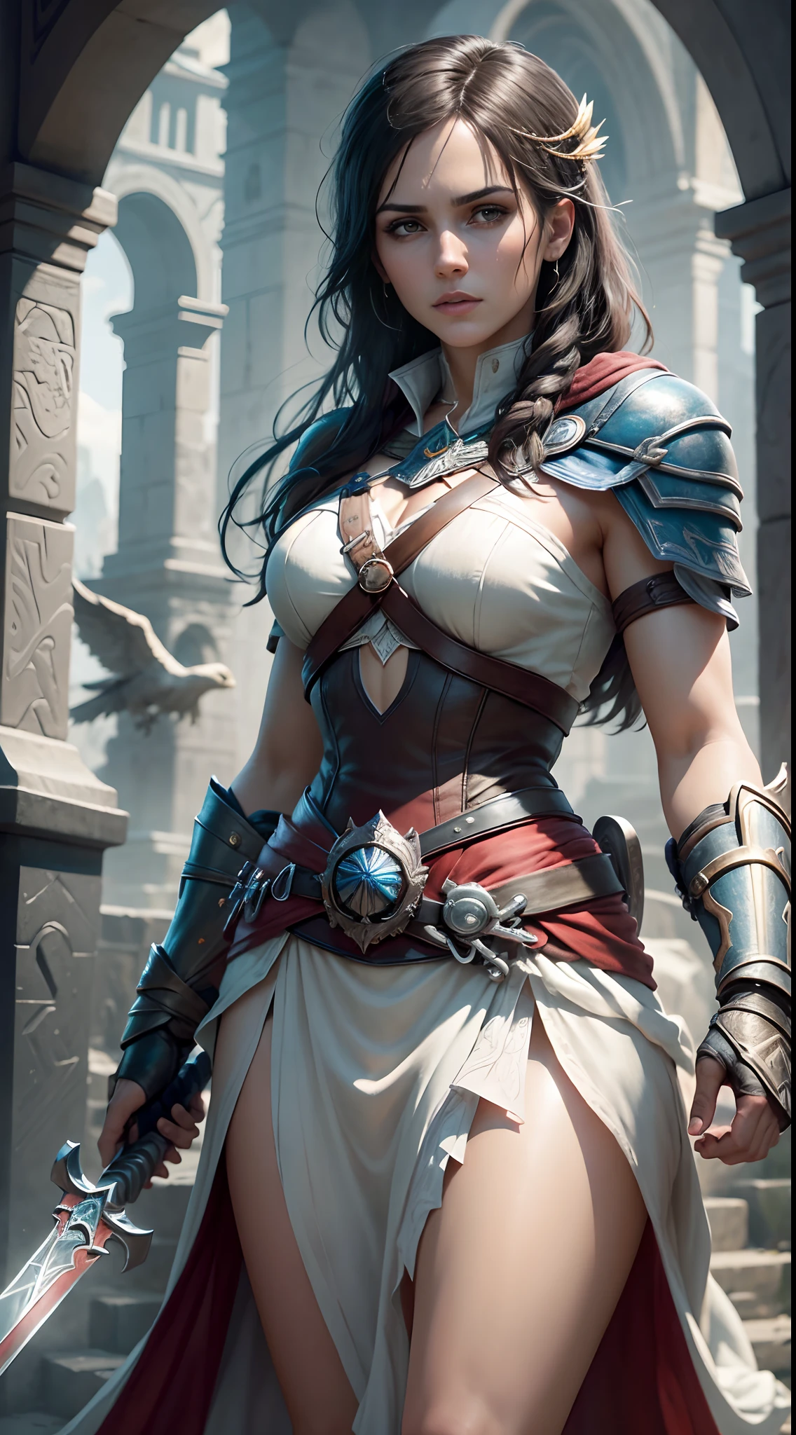 (best quality,ultra-detailed,realistic:1.37),(HDR,UHD,studio lighting),(portraits),(vivid colors),(warm color tones),(soft,moody lighting),(sharp focus),(bokeh),Kassandra,Assassin's Creed Universe,Kassandra's stunning face,Kassandra's piercing eyes,Kassandra's alluring gaze,Kassandra's seductive lips,Kassandra's flowing hair,Kassandra's confident and provocative smile,mysterious atmosphere,dark and gritty background,tattoos on Kassandra's body,ornate assassin gear,fierce and powerful stance,sparkling jewelry,dramatic lighting to accentuate facial features,subtle makeup,subtle hints of smoke or mist,nighttime setting,embers glowing in the background,subtle moonlight bathing the scene