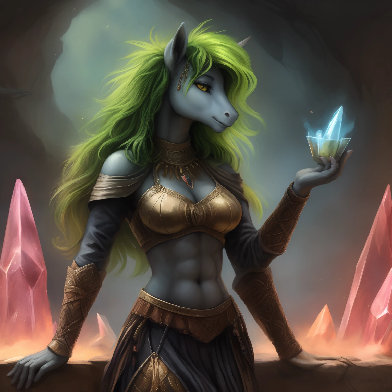 by Kenket, Ruan Jia, Tuny, Bonifasco, Very Beautiful Pony Maiden, Charismatic, (((Glowing green-pink mane))), Green and pink mane, Fur that evaporates like a silver ghost, Silver fur, Wearing a crystal brasserie, Rune artifacts, Magnificent shoulders, visible belly, Ultra-slim waistline, Graceful figure, realistic anatomy, Toned abs, 8k picture, Detailed faces of fantasy female pony characters, Detailed yellow eyes, Beautiful complex nature, interval, Moonshine