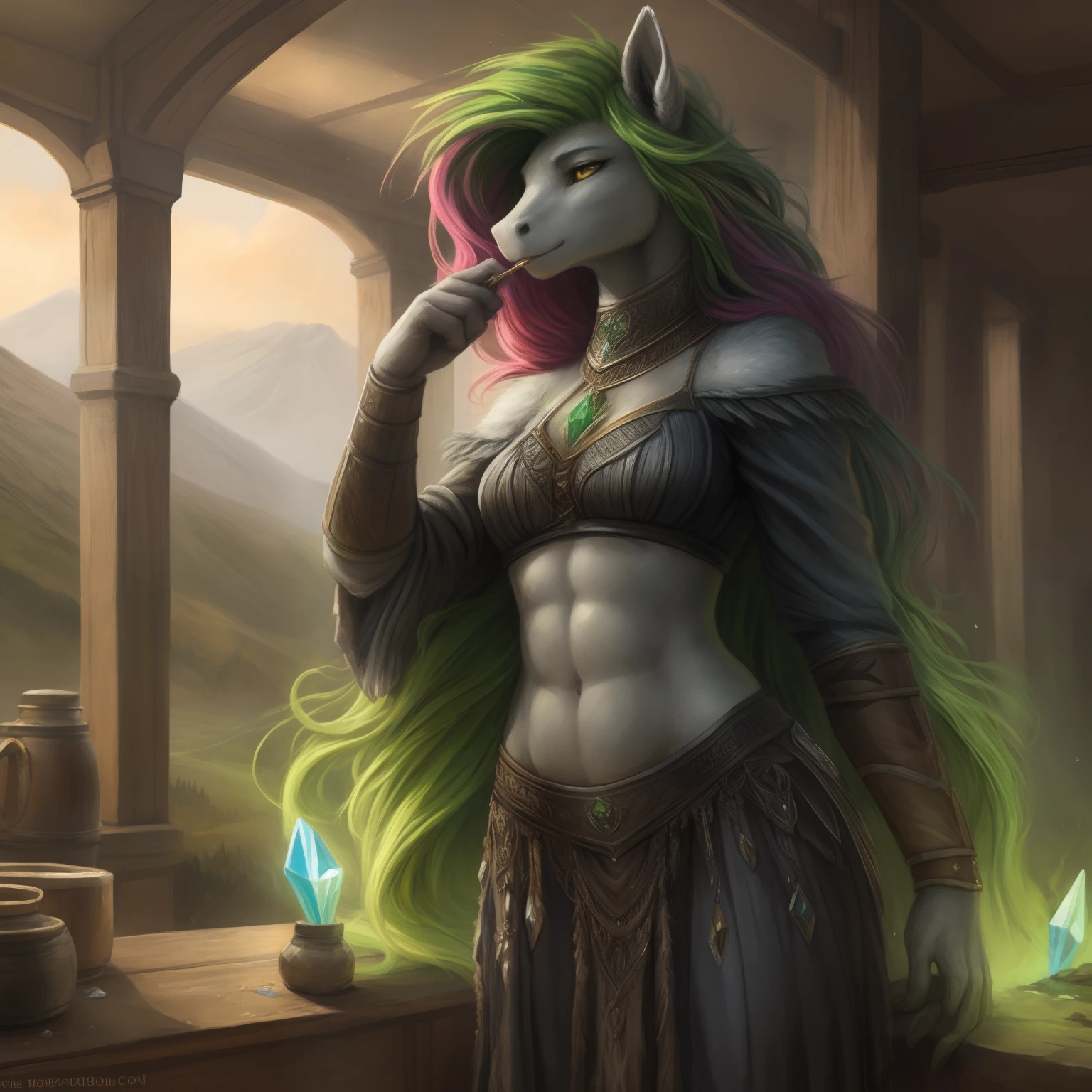 by Kenket, Ruan Jia, Tuny, Bonifasco, Very Beautiful Pony Maiden, Charismatic, (((Glowing green-pink mane))), Green and pink mane, Fur that evaporates like a silver ghost, Silver fur, Wearing a crystal brasserie, Rune artifacts, Magnificent shoulders, visible belly, Ultra-slim waistline, Graceful figure, realistic anatomy, Toned abs, 8k picture, Detailed faces of fantasy female pony characters, Detailed yellow eyes, Beautiful complex nature, interval, Moonshine