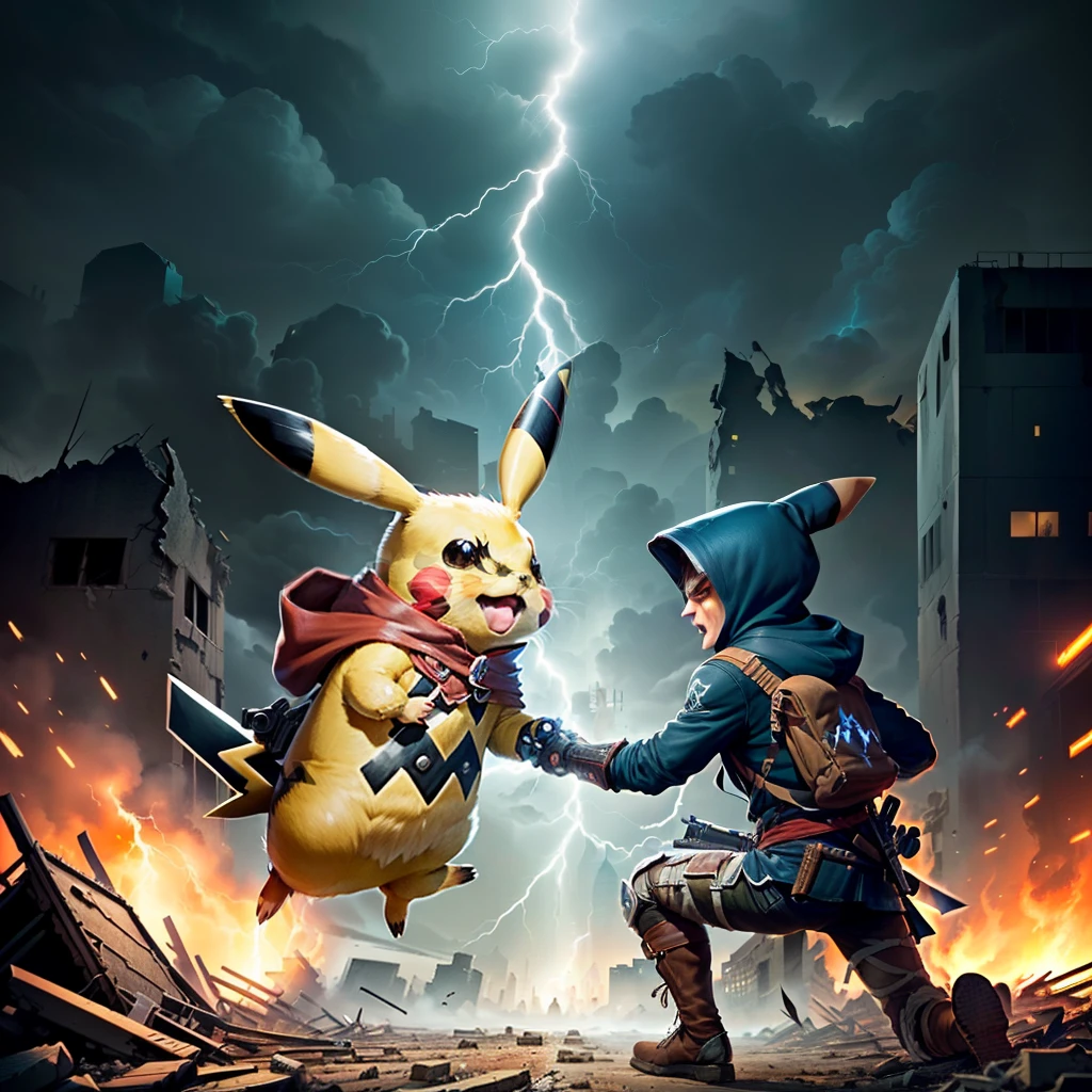 In a dystopian fusion of gaming realms, a Pikachu Assassin clad in the iconic hood and hidden blade of Assassin's Creed engages in a fierce battle with a Pikachu Soldier straight out of the anime Attack on Titan. The clash of these two legendary Pikachus unfolds amidst the ruins of a city, with lightning crackling in the background, creating an epic showdown filled with electrifying intensity