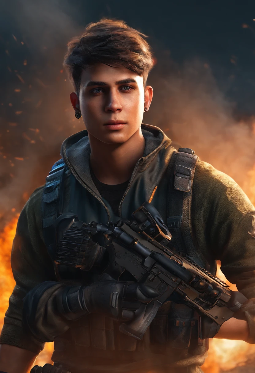 Change background to pubg,handsome boy,realistic face, 8k, ulta hd realistic,handsome boy, esports player, pubg player, gun , gun on hand
