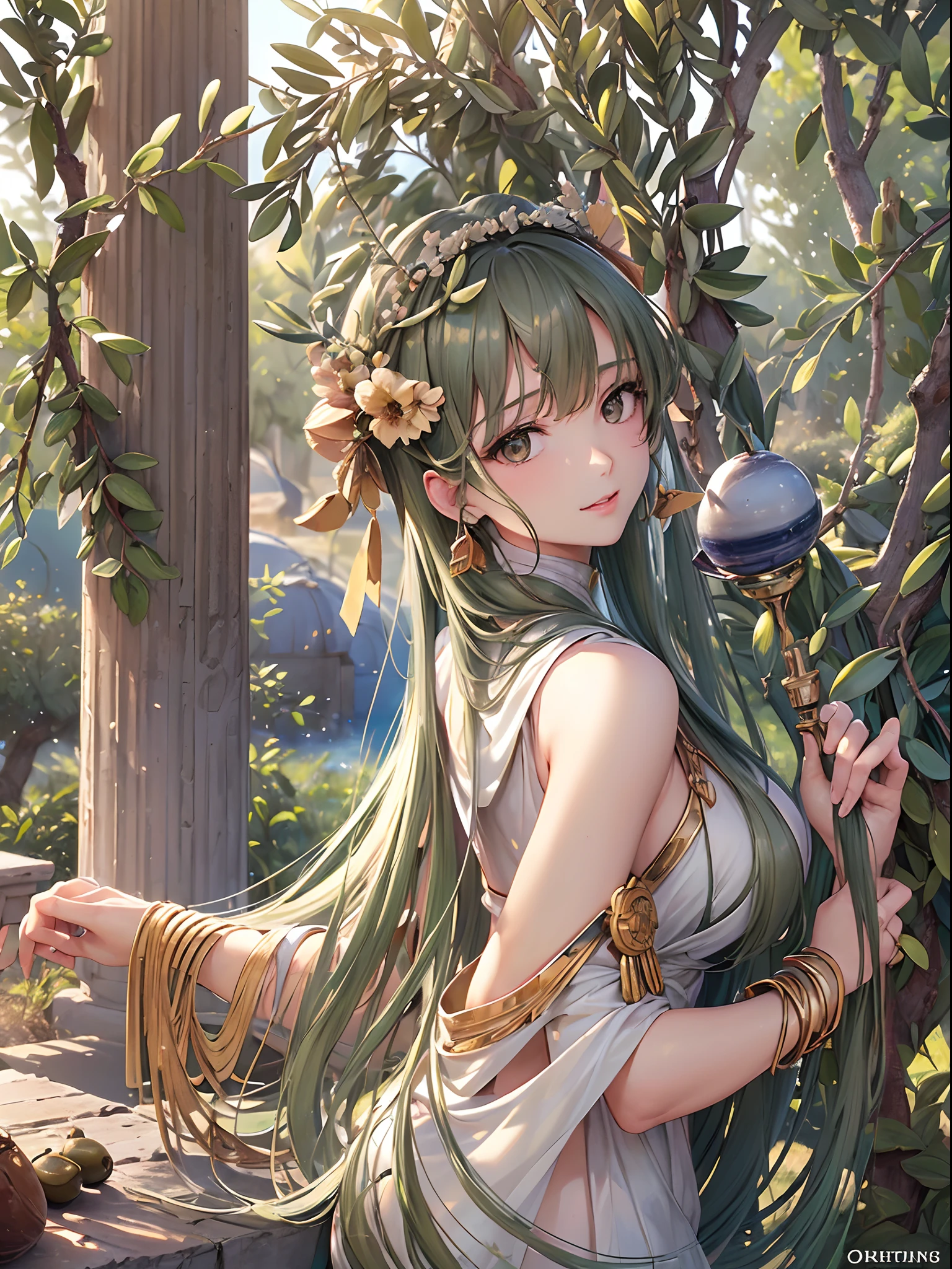 ((Finest quality)),(超A high resolution),(ultra-detailliert),(Meticulous portrayal),((Best CG)),(Finest works of art),Ultra-Precision Art,The art of astounding depiction, (Olive groves:1.5),suns,Breeze,:1.5,Olive, (Ancient Greece Woman:1.5),waved hair,A slight smil,