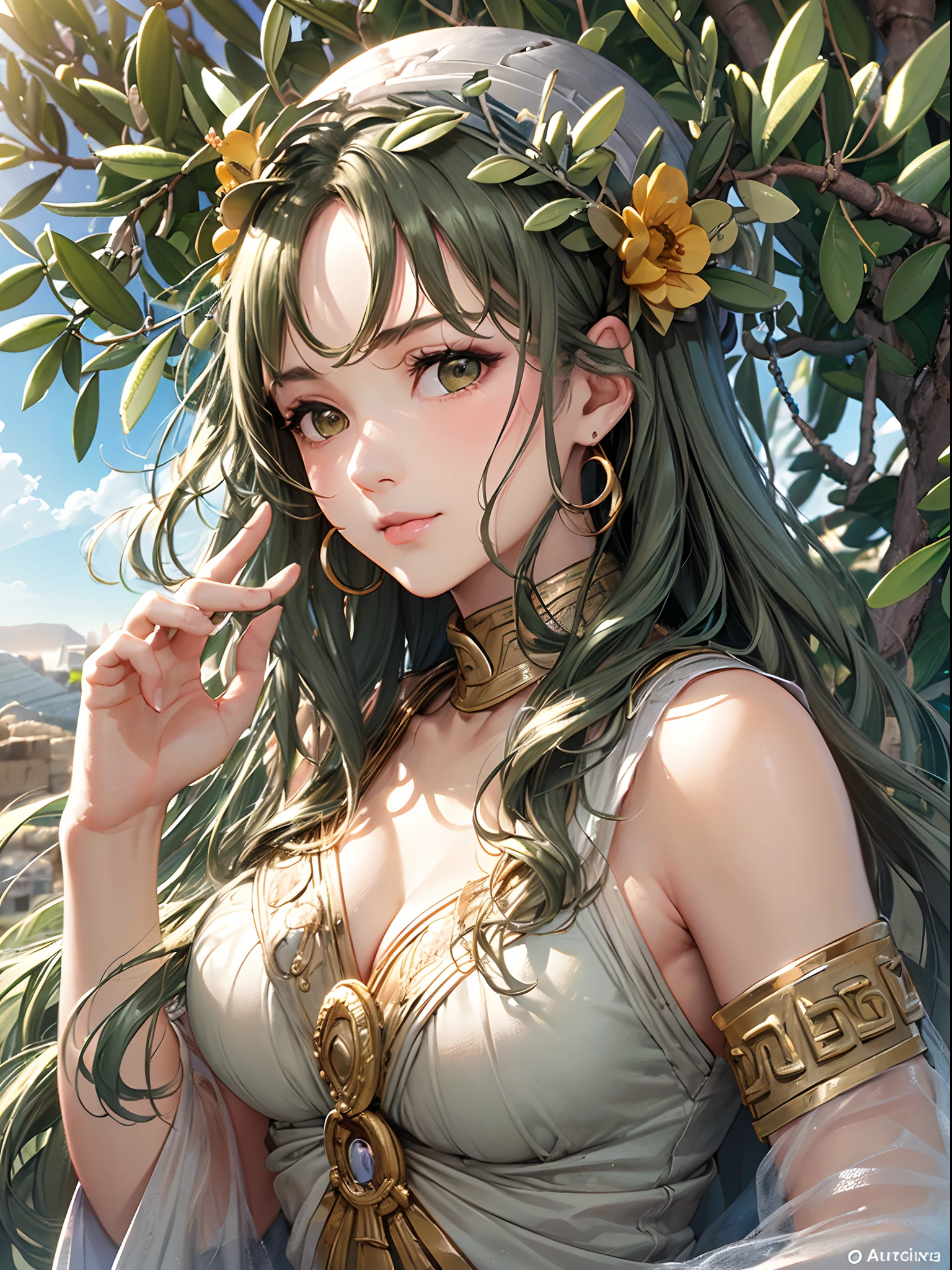 ((Finest quality)),(超A high resolution),(ultra-detailliert),(Meticulous portrayal),((Best CG)),(Finest works of art),Ultra-Precision Art,The art of astounding depiction, (Olive groves:1.5),suns,Breeze,:1.5,Olive, (Ancient Greece Woman:1.5),waved hair,A slight smil,