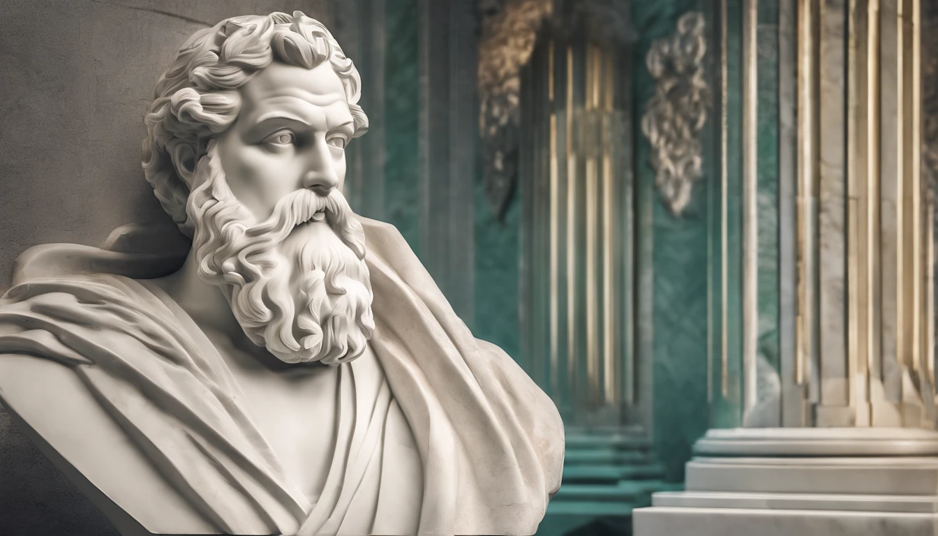 White Marble Sage Bust Statue With Style Of Bearded Greek Philosopher Thoughtful. atmosfera escura, alto contraste de luz e sombra, fotografia profissional, utrarealista, light volumetric, cinemactic