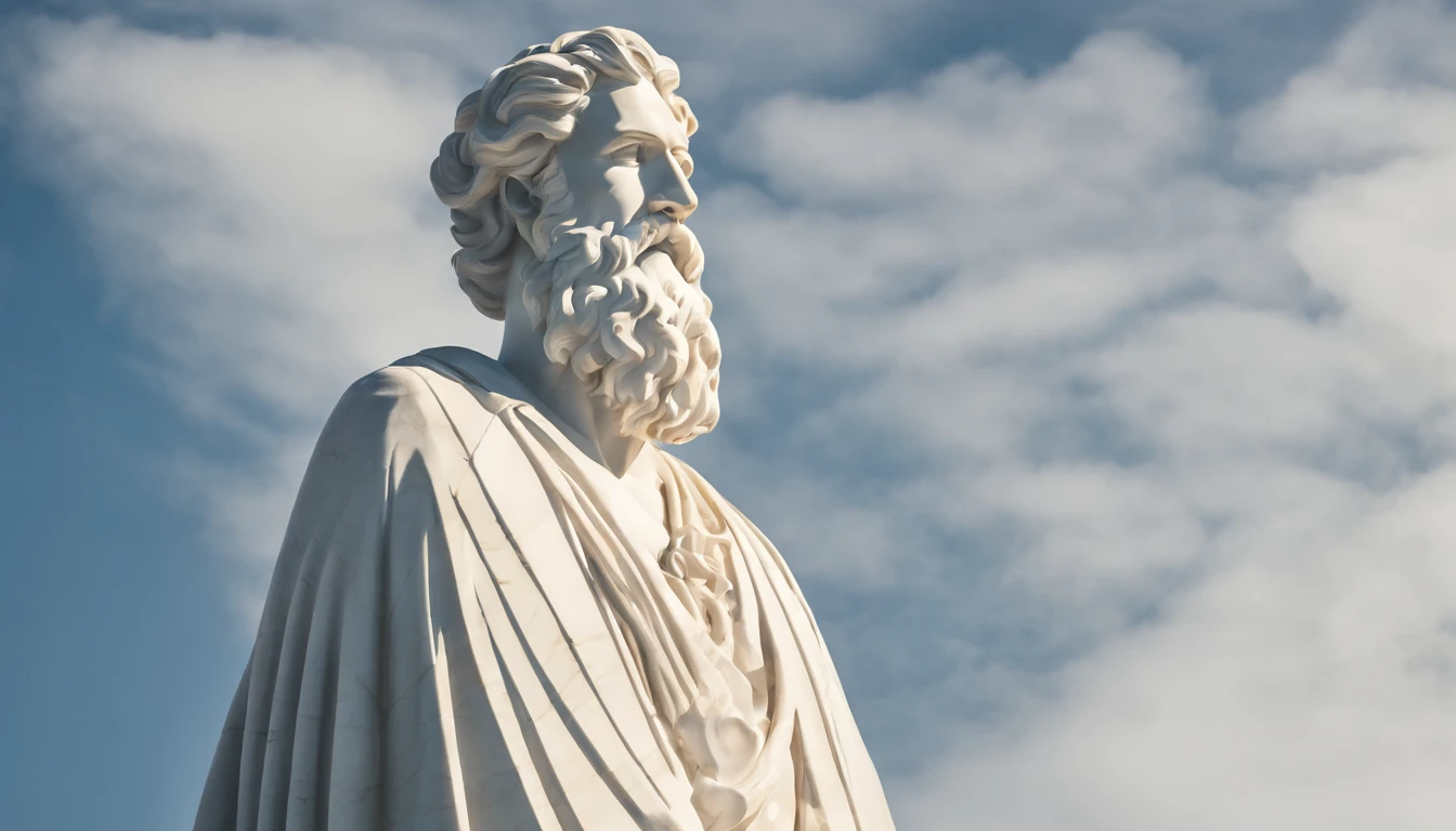 White Marble Sage Bust Statue With Style Of Bearded Greek Philosopher Thoughtful. atmosfera escura, alto contraste de luz e sombra, fotografia profissional, utrarealista, light volumetric, cinemactic