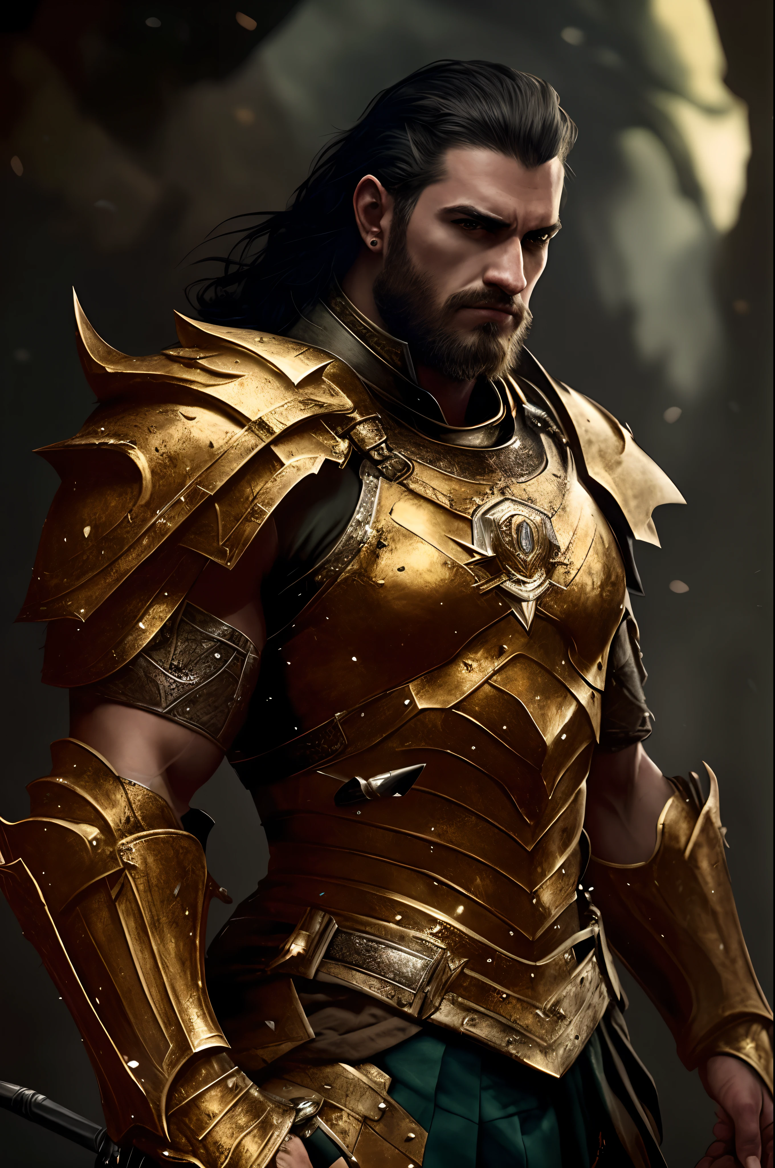Arafed homem em armadura com uma espada e uma espada, atraente macho de carne com armadura, armadura pesada de ouro. Dramatic, Tuomas Korpi e Wlop, Wojtek FUS, guerreiro de fantasia em armadura completa, de warcraft, imagem de um guerreiro masculino adulto, macho atraente com armadura, trending in cgsociety, Amazing 8K character concept art