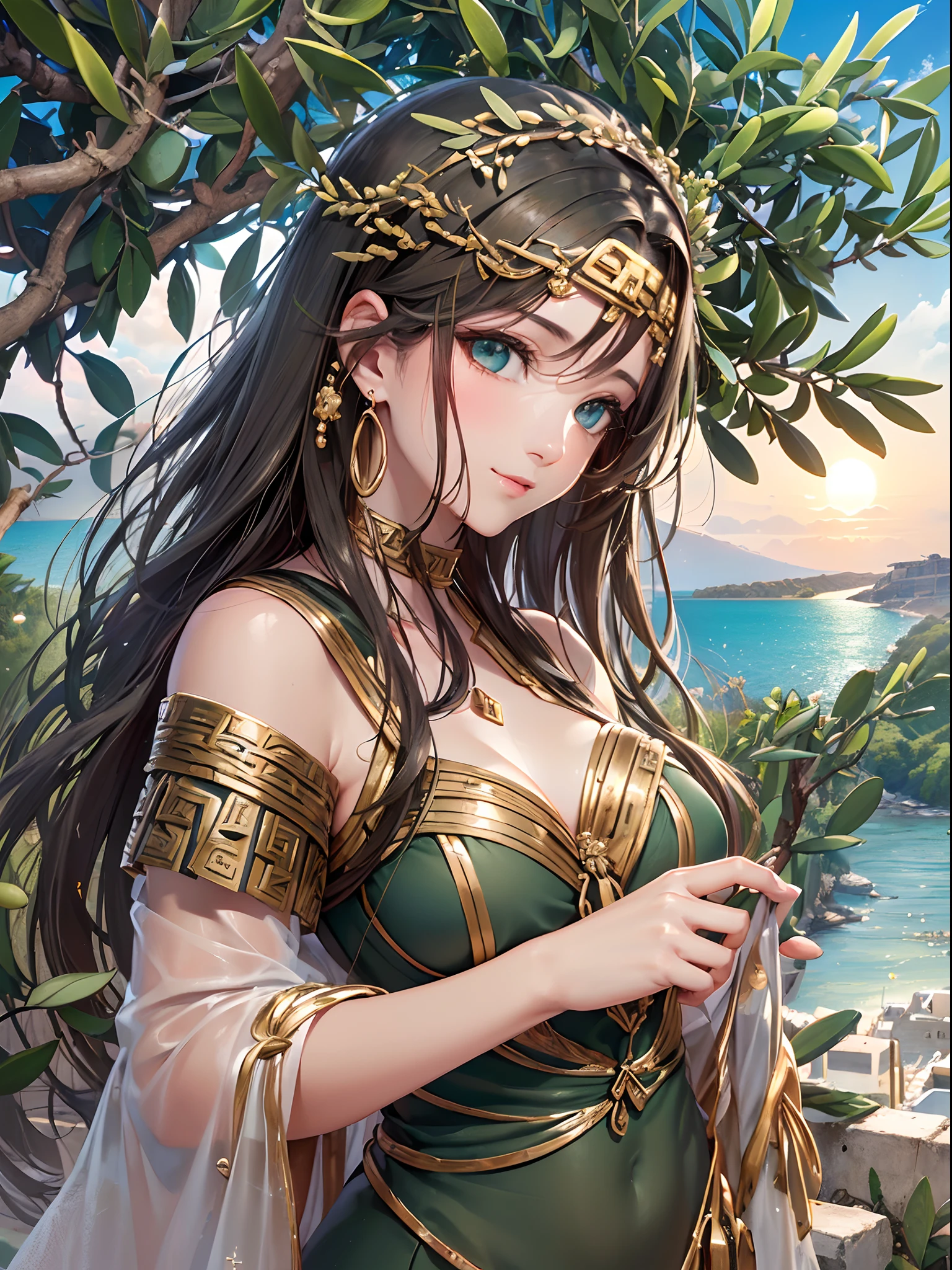 ((Finest quality)),(超A high resolution),(ultra-detailliert),(Meticulous portrayal),((Best CG)),(Finest works of art),Ultra-Precision Art,The art of astounding depiction, ((Aegean Sea:1.5)),(Olive groves:1.5),suns,Breeze,:1.5,Olive, (Ancient Greece Woman:1.5),waved hair,A slight smil,
