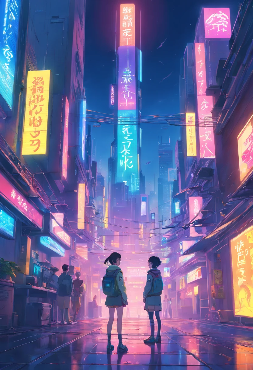 "Cyberpunk-inspired immersion, World of Neon Lights, Girl Strumming Guitar, Two girls standing back to back, Be mesmerized by the surreal sights of the planets that dominate the skies, Full of captivating digital artistry."