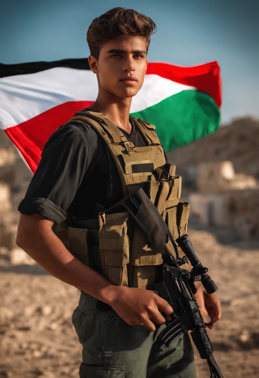 Change background to war field palestine flag,handsome boy,realistic face, 8k, ulta hd realistic,handsome boy, gun , gun on hand