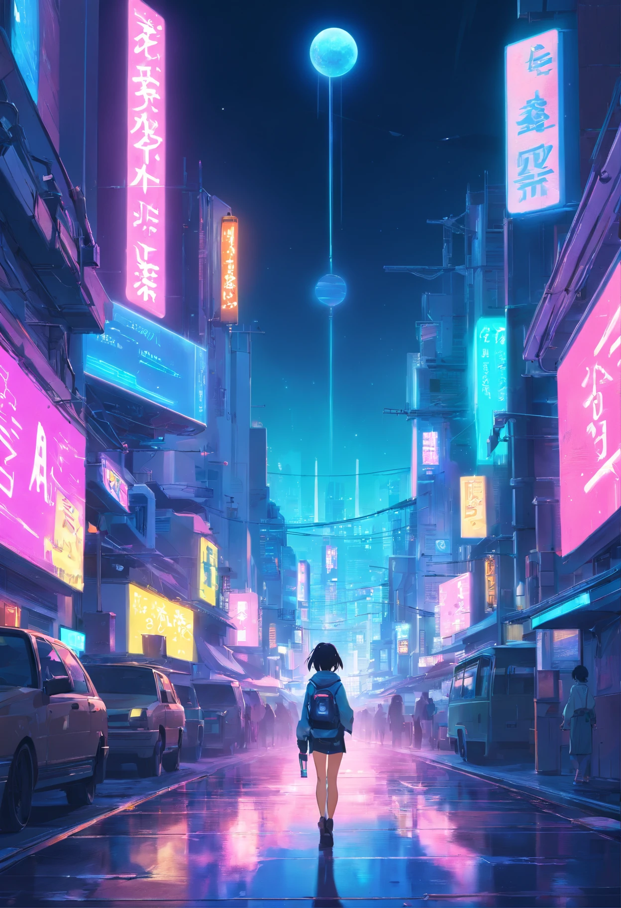 "Cyberpunk-inspired immersion, World of Neon Lights, Be mesmerized by the surreal sights of the planets that dominate the skies, Full of captivating digital artistry."