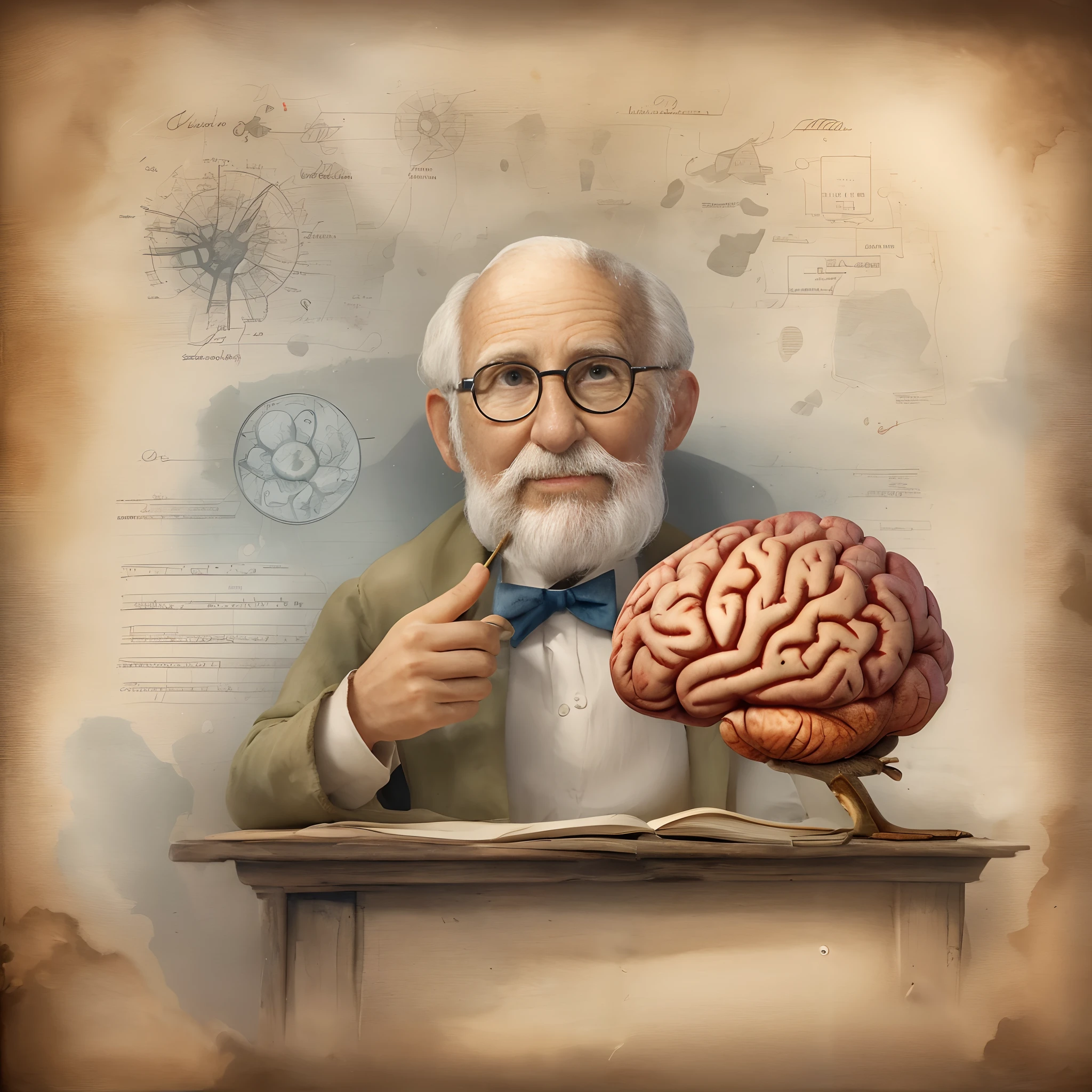 Old scientist with brain in hand, Old wall background