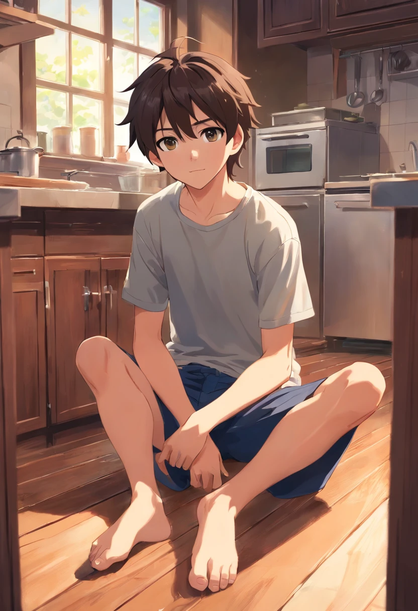 19 year old boy, soft features, sitting on a wood floor in a kitchen, dark brown hair, fluffy semi long hair length, ash gray eyes, wearing a t-shirt, wearing boxers, full body.