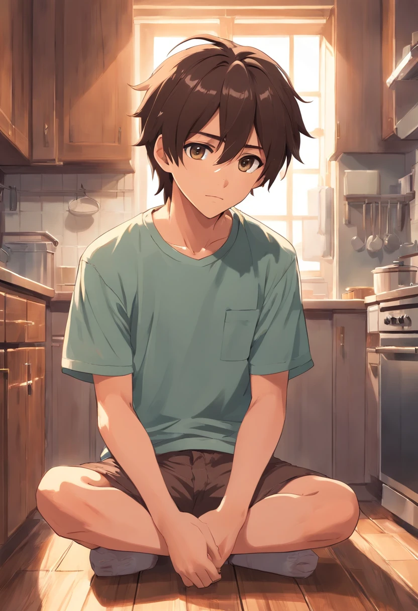 19 year old boy, soft features, sitting on a wood floor in a kitchen, dark brown hair, fluffy semi long hair length, ash gray eyes, wearing a t-shirt, wearing boxers, full body.