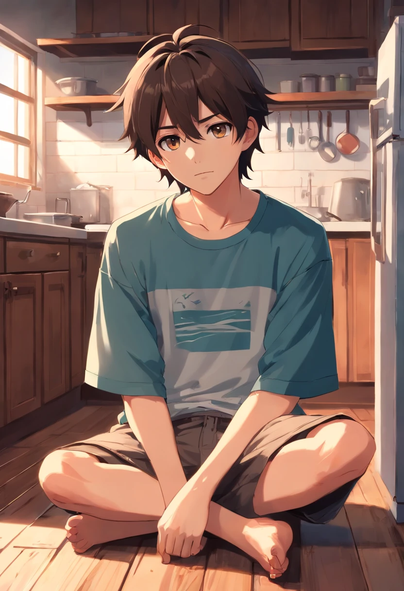 19 year old boy, soft features, sitting on a wood floor in a kitchen, dark brown hair, fluffy semi long hair length, ash gray eyes, wearing a t-shirt, wearing boxers, full body.