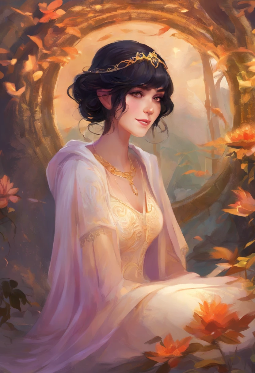 Short Black Hair, Airy Bangs, Hazel Eyes, Small Eyes, Upturned Eyes, Thin lips, pale skin, petit girl, purple and black clothing, smiling, sitting down, few freckles, realistic, digital art, straight hair, no make up, cozy black hoodie, choker necklace, see through bangs,