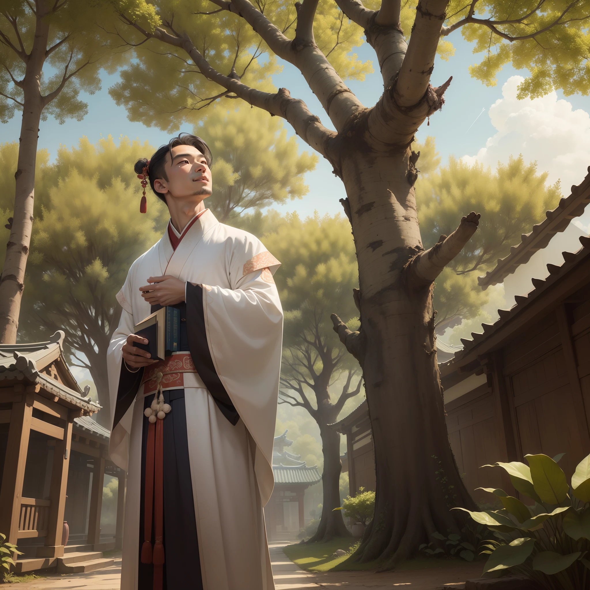 A young scholar of the Ming Dynasty,The robe flutters,Stand under a tree in your spacious backyard,Books in hand,Look up at the sky,Thinking life,Look joyful,Full of anticipation