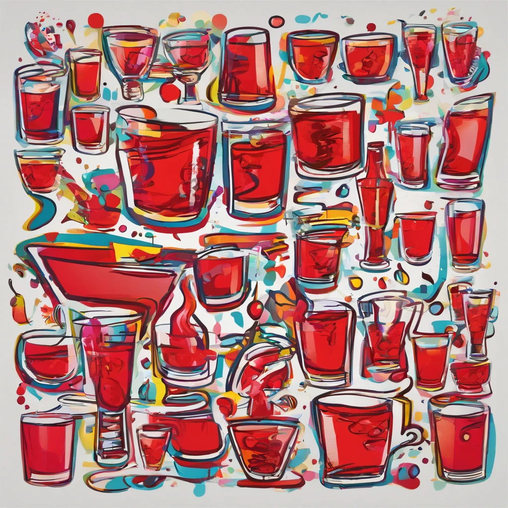 company logo, red, round, cartoon shot glass overflowing with red liquid, no words on shot glass, vibrant colors,