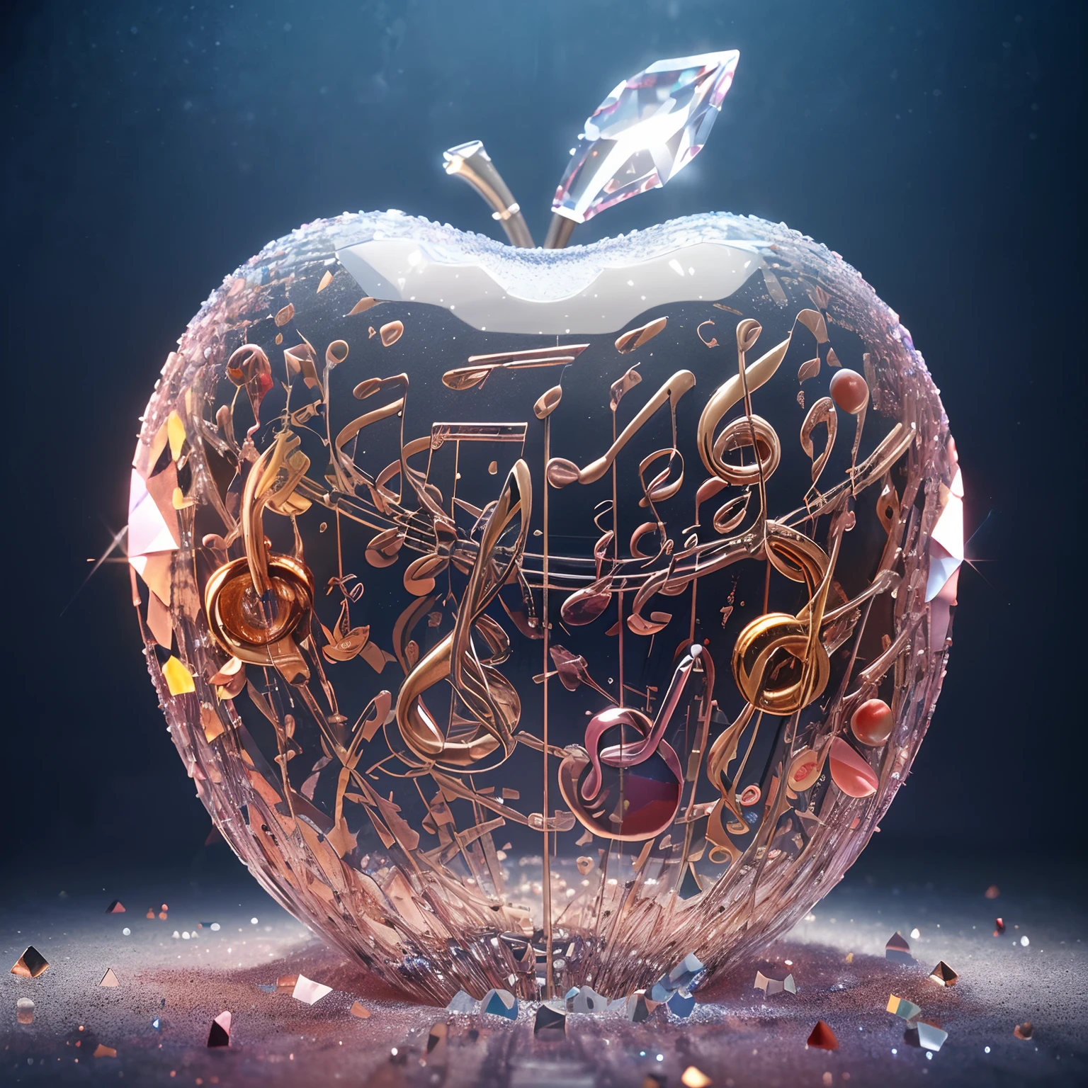 High quality, 8k, ultra HD, musical notes and musical instrumentos shapes inside an apple made of crystal, by Yukisakura high detailed.
