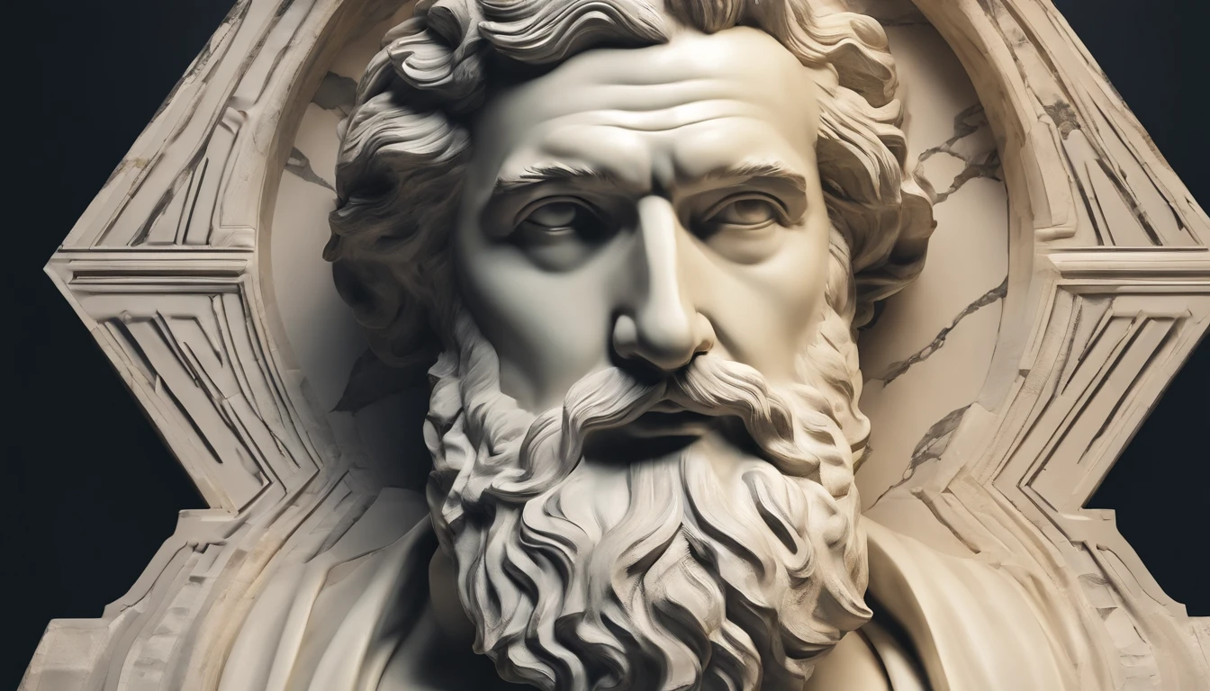 Dark marble sage bust statue with style of thoughtful bearded greek philosopher. atmosfera escura, alto contraste de luz e sombra, fotografia profissional, utrarealista, light volumetric, cinemactic