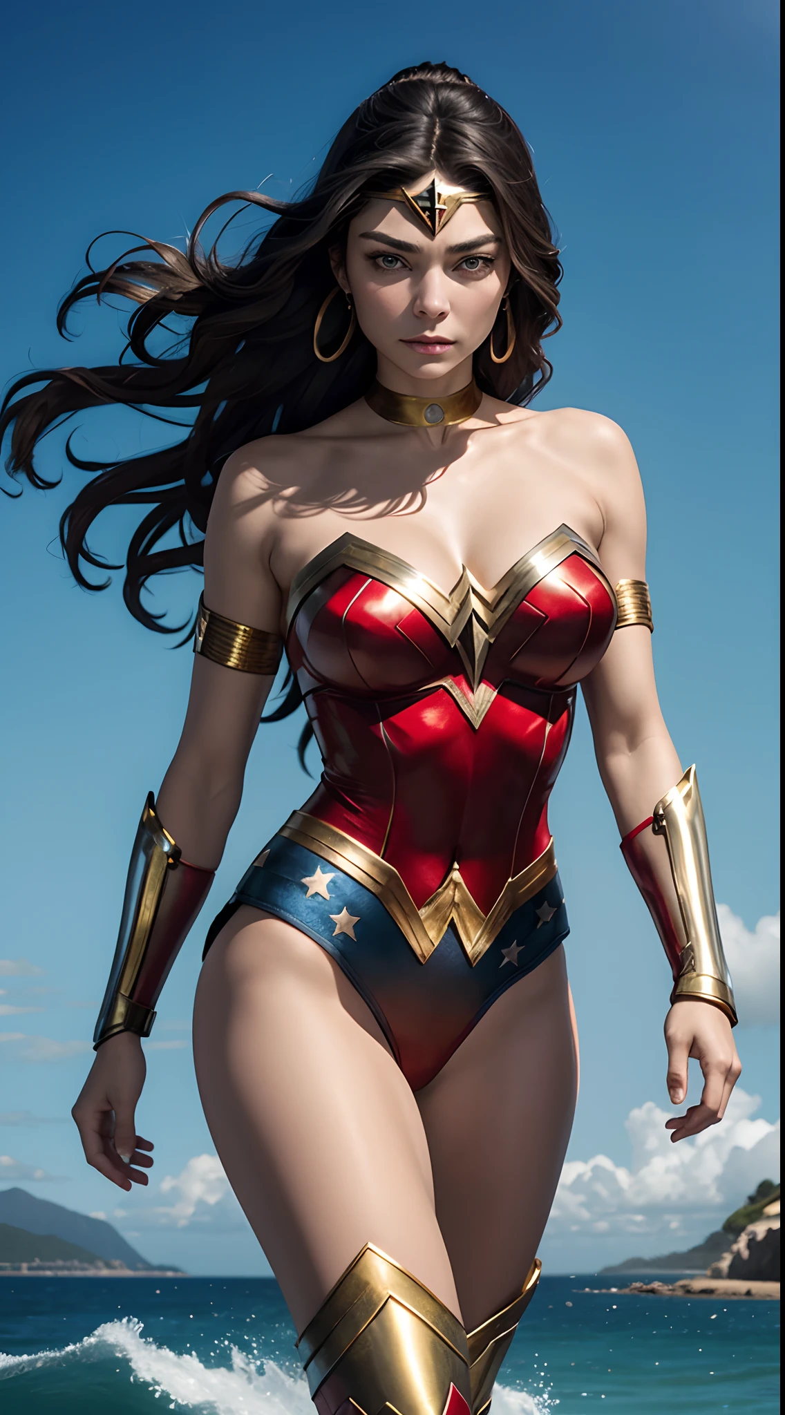 Alexa Davalos as Superheroine Wonder Woman, traje vermelho e azul com detalhes dourados, Strapless bodysuit, tighs expostos, Gold gauntlets on both arms, botas azuis, cinto de ouro, Long braided hair, cabelos pretos, olhos azuis, Majestic body position, pulseiras de ouro, Ilha grega, luzes do dia, Looking at camera, strong facial expression.