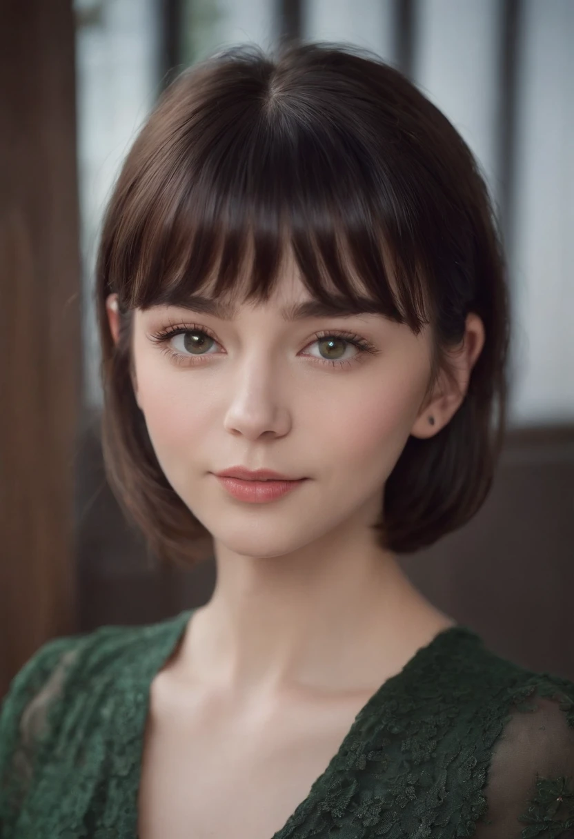 Short Black Hair, Airy Bangs, see through bangs, Hazel Eyes, brown and green eyes, Small Eyes, Upturned Eyes, cat eyes, Thin lips, pale skin, petit girl, purple and black clothing, smiling, few freckles, blonde eyebrows
