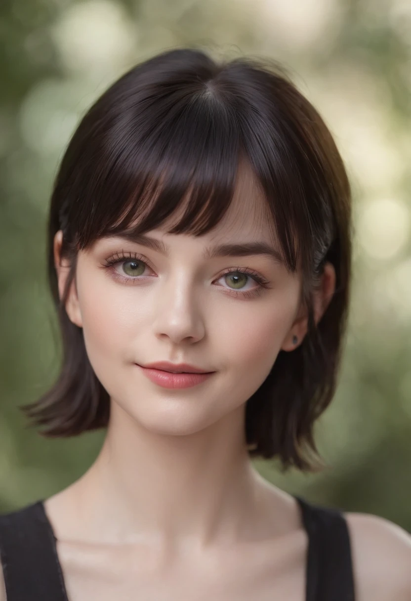 Short Black Hair, Airy Bangs, see through bangs, Hazel Eyes, brown and green eyes, Small Eyes, Upturned Eyes, cat eyes, Thin lips, pale skin, petit girl, purple and black clothing, smiling, few freckles, blonde eyebrows