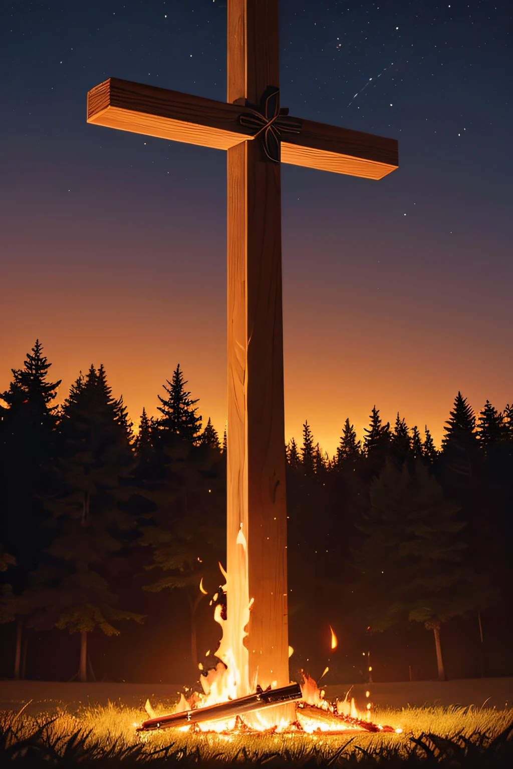 The cross engulfed in flame, not being burnt, mahogany wood, dark woods as background, night, beautiful star-filled sky, masterpiece, unscathed surrounding forest, low angle, fire pluming out of the base of the cross, crumpled foliage on soft grass ground,